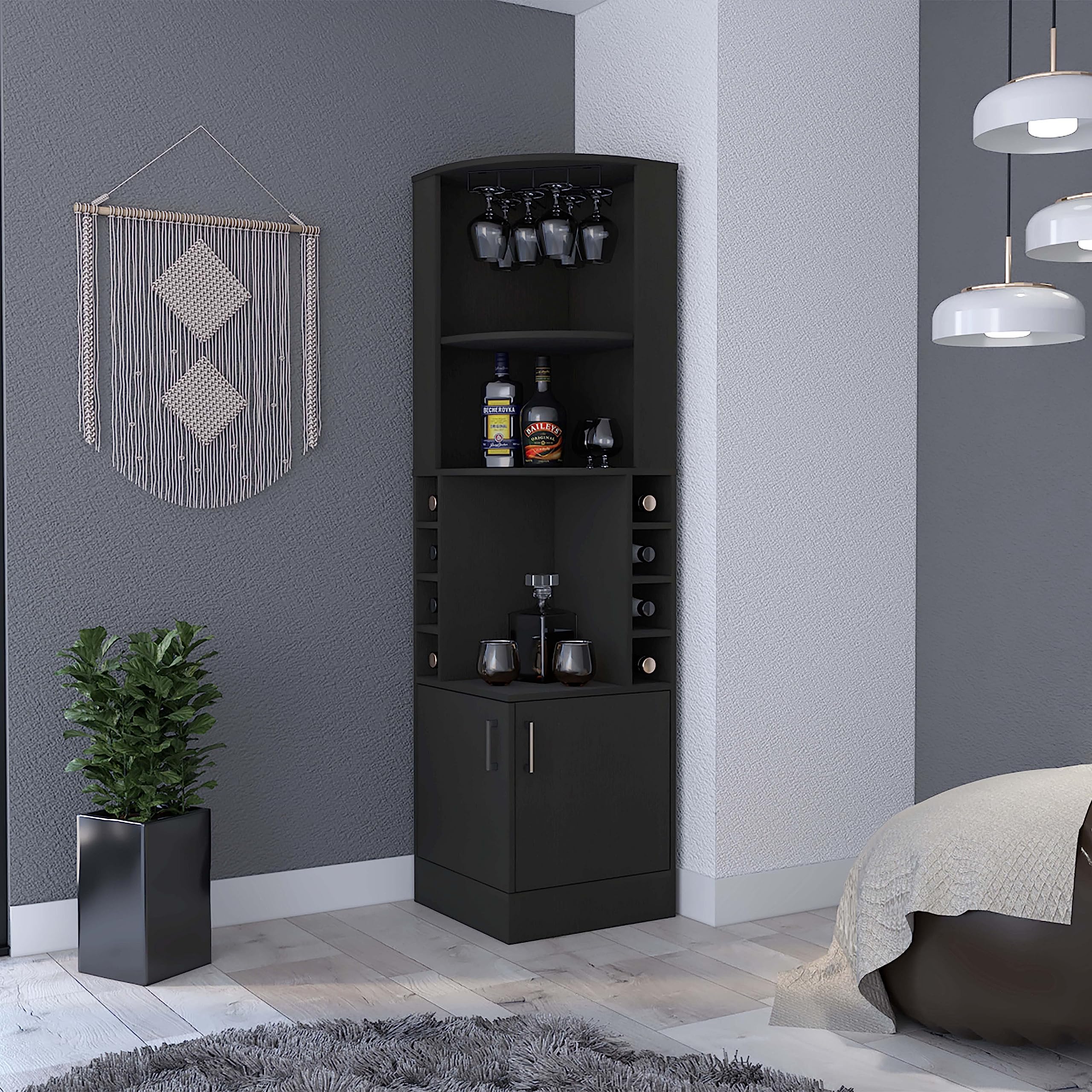 71" 8-Cubby &amp; 2-Shelf Bar Storage Cabinet, Kitchen Pantry Cabinets with Double Doors, Versatile Cabinets with Space-Efficient Corner Design for Kitchen, Black