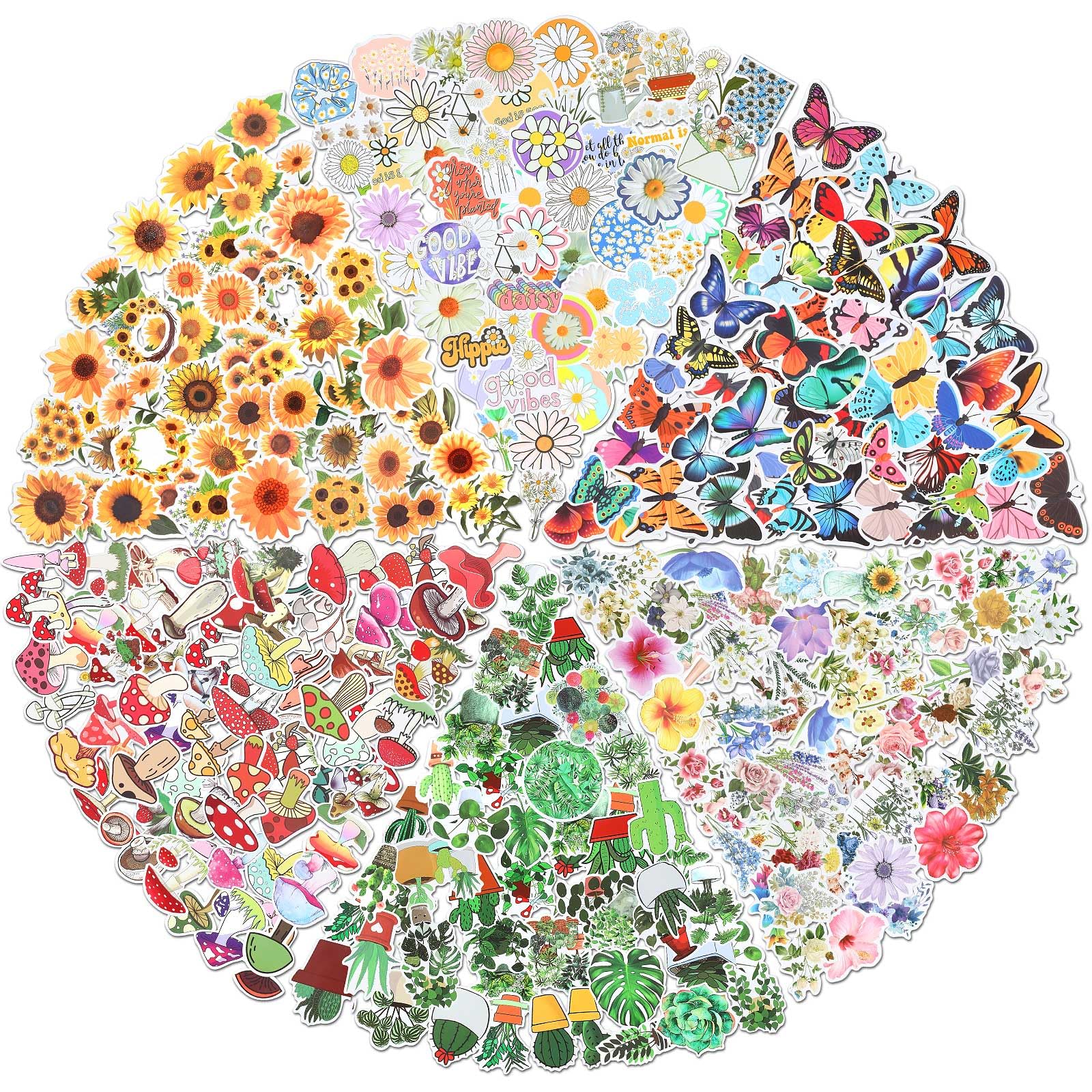 DTOFOOT 300 PCS Plant Flower Stickers - Waterproof Vinyl, Sunflower, Green Leaf, Mushroom Stickers for Laptop, Phone, Skateboard - Adults, Kids (6