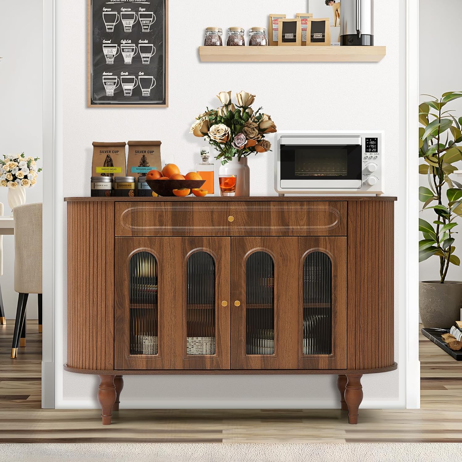 XUZENEST 47'' Fluted Sideboard Buffer Cabinet with Drawer, Modern Credenza Storage Cabinet, Bar Cabinet Console Table with Tambour Sliding Side for Living Dining Room Kitchen Hallway Entryway, Walnut