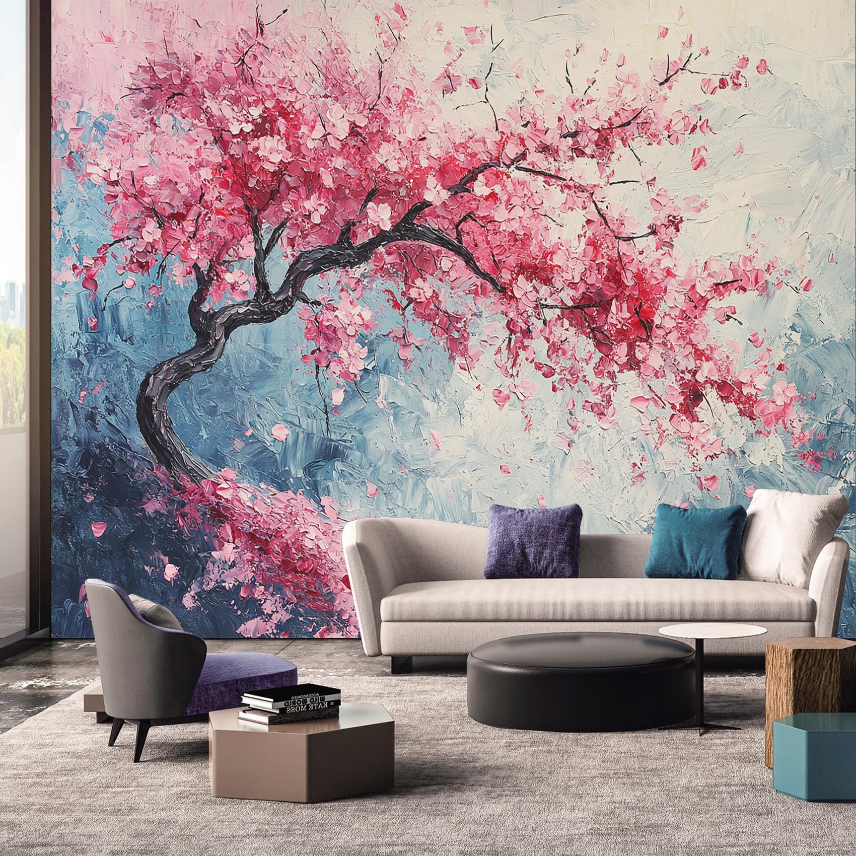 Générique Papier Peint Panoramique Fleur de Cerisier Fleuri, Papier Peint Peinture à L'huile Arbre Floral, Fresque Murale, Decoration Chambre Salon, 300 x 210 cm
