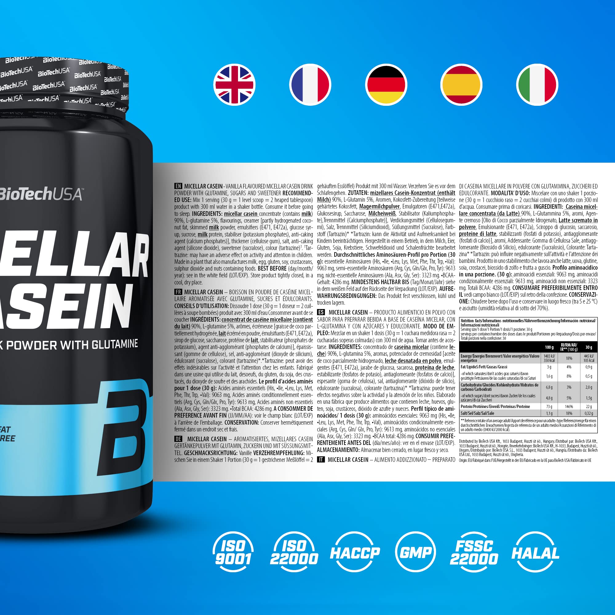 BioTechUSA Micellar Casein Protein Powder | Temps d'absorption prolongé | Sans gluten et sans graisse | L-Glutamine ajoutée, 908 g, Vanille