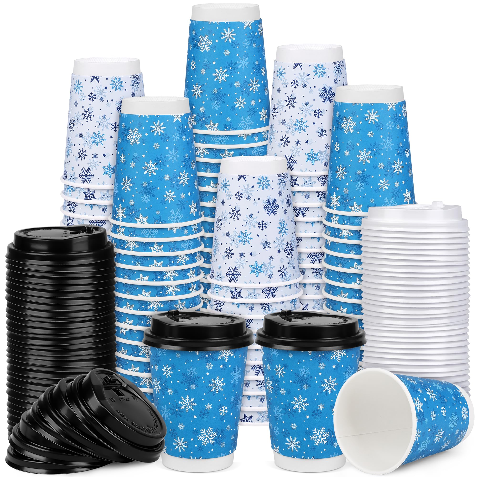 Kochorie 60 Count Snowflake Paper Cups 12 Ounces Disposable Beverage Cups Extra Thick Insulated Disposable Coffee Cups with 120 Count Leak Proof Lids To Go Cups for Hot & Cold Liquids