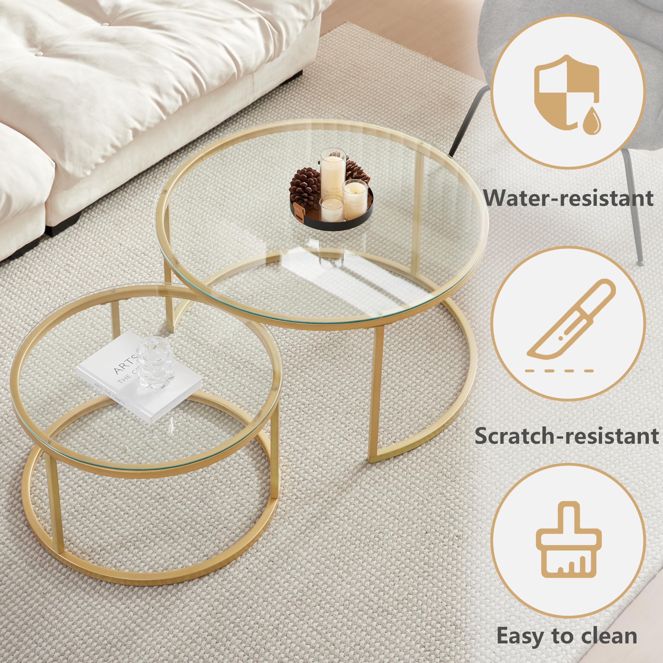 Lot de 2 Table Basse, Table D'appoint Ronde Empilable pour Salon, Pieds en Métal Plaqué Or, Adapté au Salons, Café, Salon (80 * 45 cm et 60 * 35 cm) - Verre Or