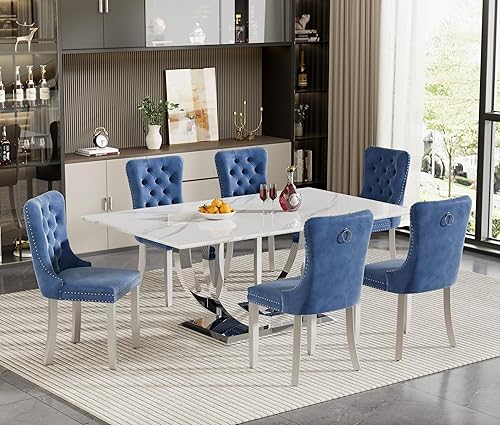 Miniatura 31 de Juego de mesa de comedor de 7 piezas, color blanco y plateado, mesa de cocina moderna de mármol sintético de 68 pulgadas con 6 sillas tapizadas Mesa