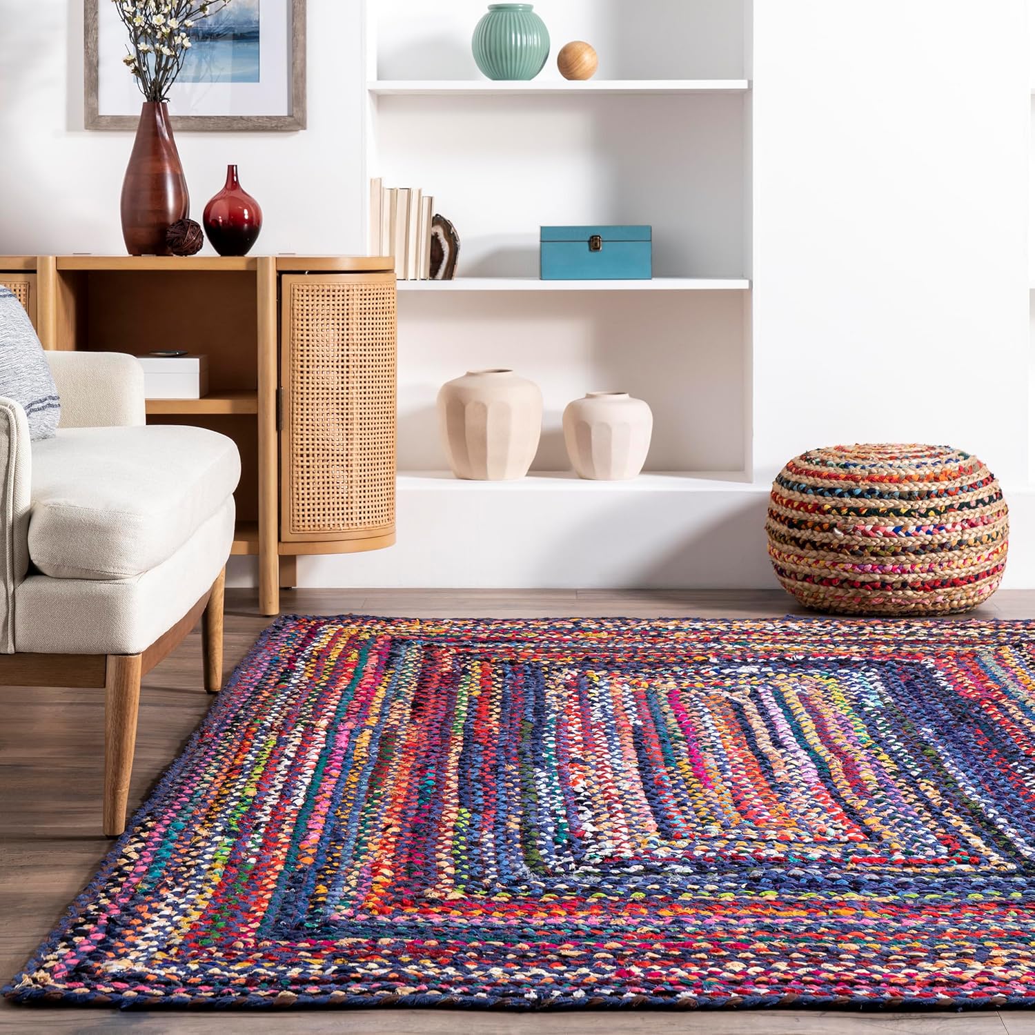 Handcrafted Bohemian Blue Oval Cotton Braided Rug, 5' x 8'