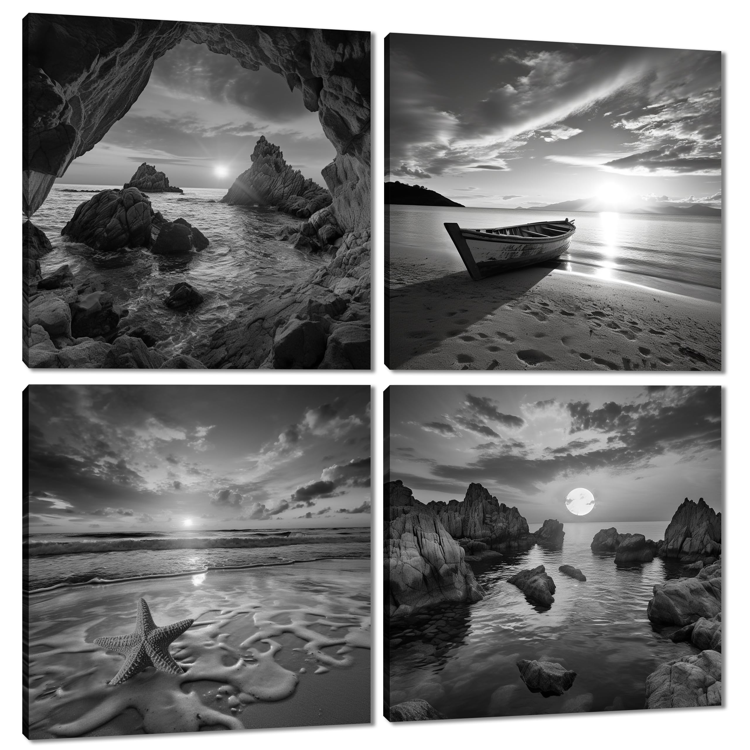 Black And White Beach Wall Decor - 4 Panels Sunset and Sunrise Seascape Canvas Framed Painting Boat Scenery starfish Sandbeach Pictures Wall Decorations for Bedroom Living Room Bathroom 12x12inch