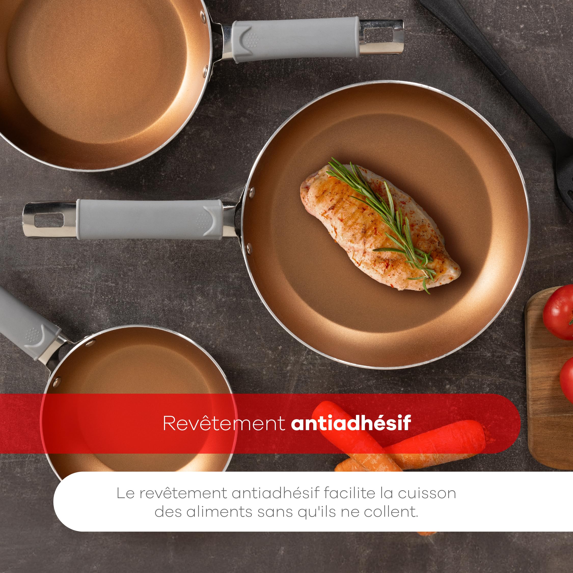 BERGNER LOJA REECO - Set di 4 padelle (18, 22, 26 cm) + spatola scanalata. Alluminio forgiato - Rivestimento antiaderente - Manico ergonomico - Compatibile con l'induzione