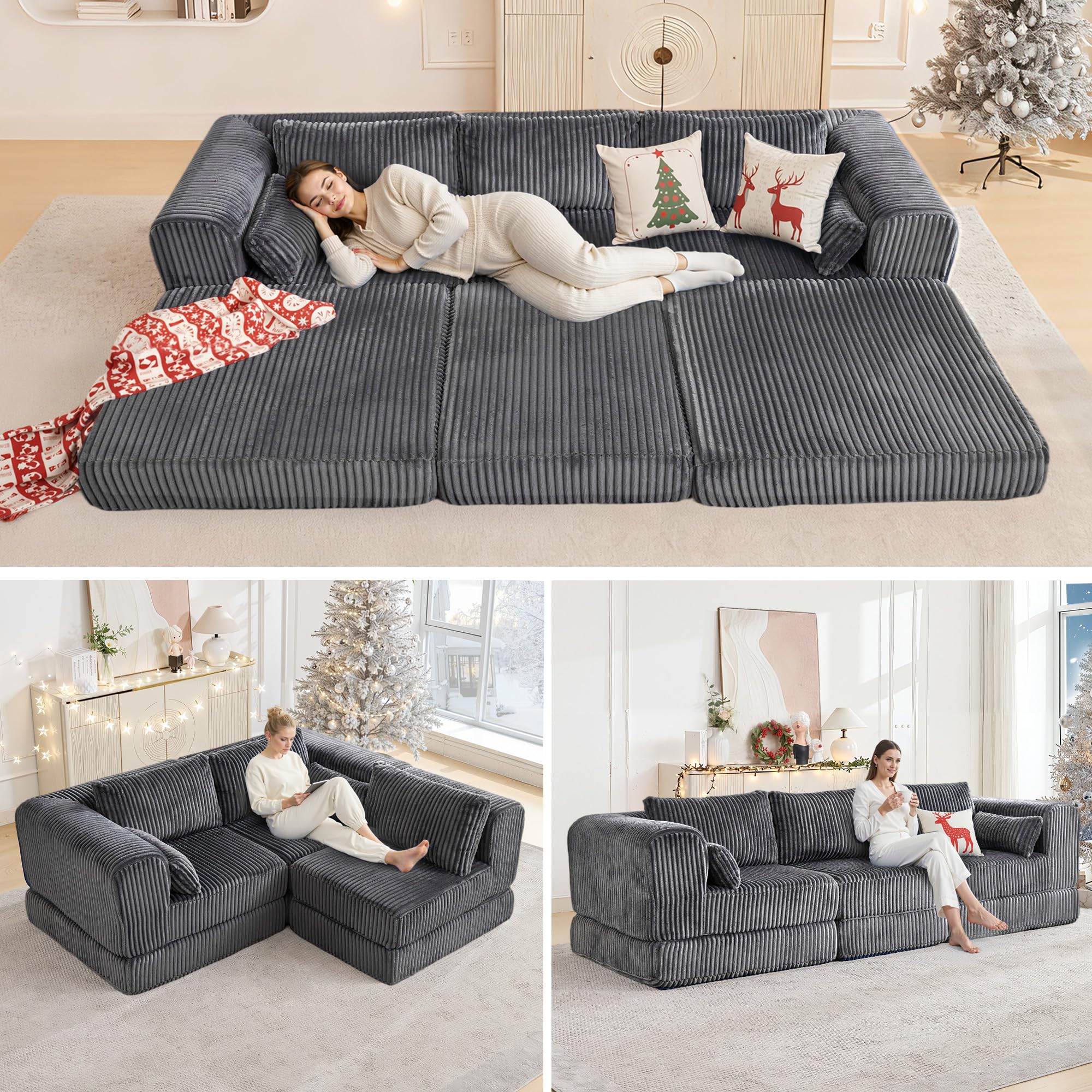 STHOUYN 106 Corduroy Folding Convertible Sleeper Sofa Bed Grey Pull Out Floor Modular L Couch with Pillow Memory