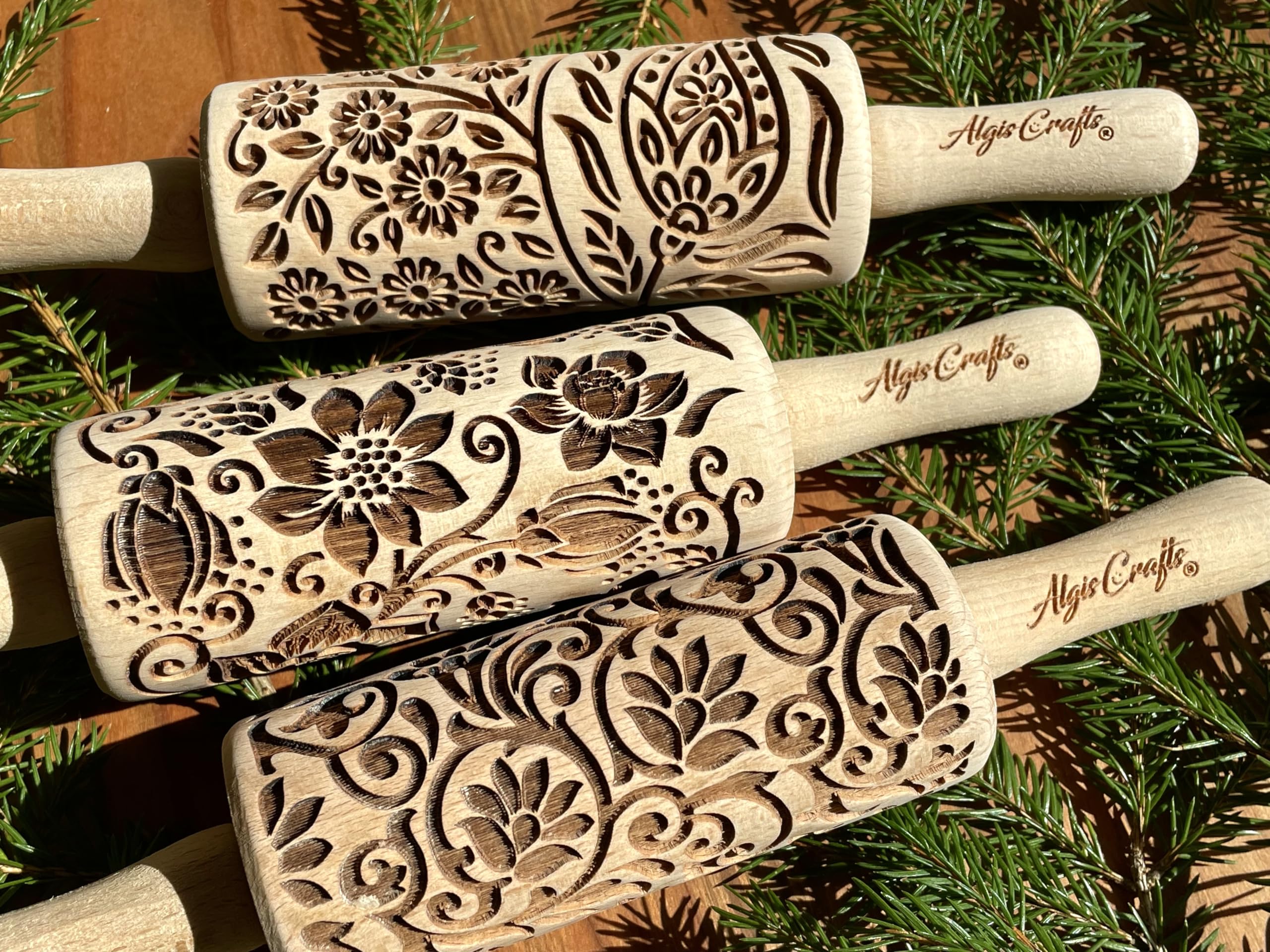 Mattarello Decorativo per Biscotti FIORE - Set di 3 Mattarelli Piccoli | Mattarello Inciso | Rullo per Biscotti e per Modellare per fai da te | Mattarello Legno Goffrato di Algis Crafts