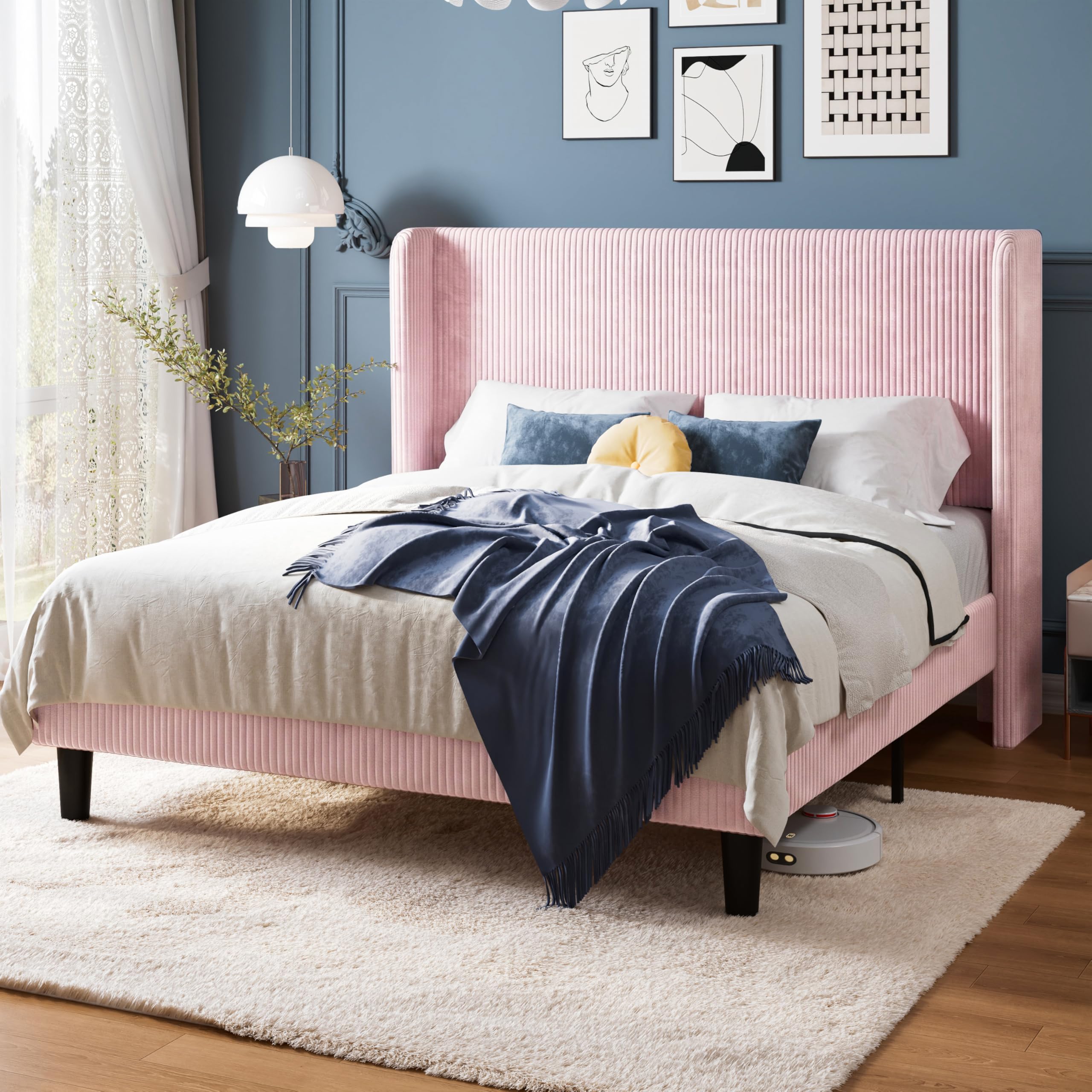 Allewie Full Size Platform Bed with Corduroy Wingback Headboard, Pink