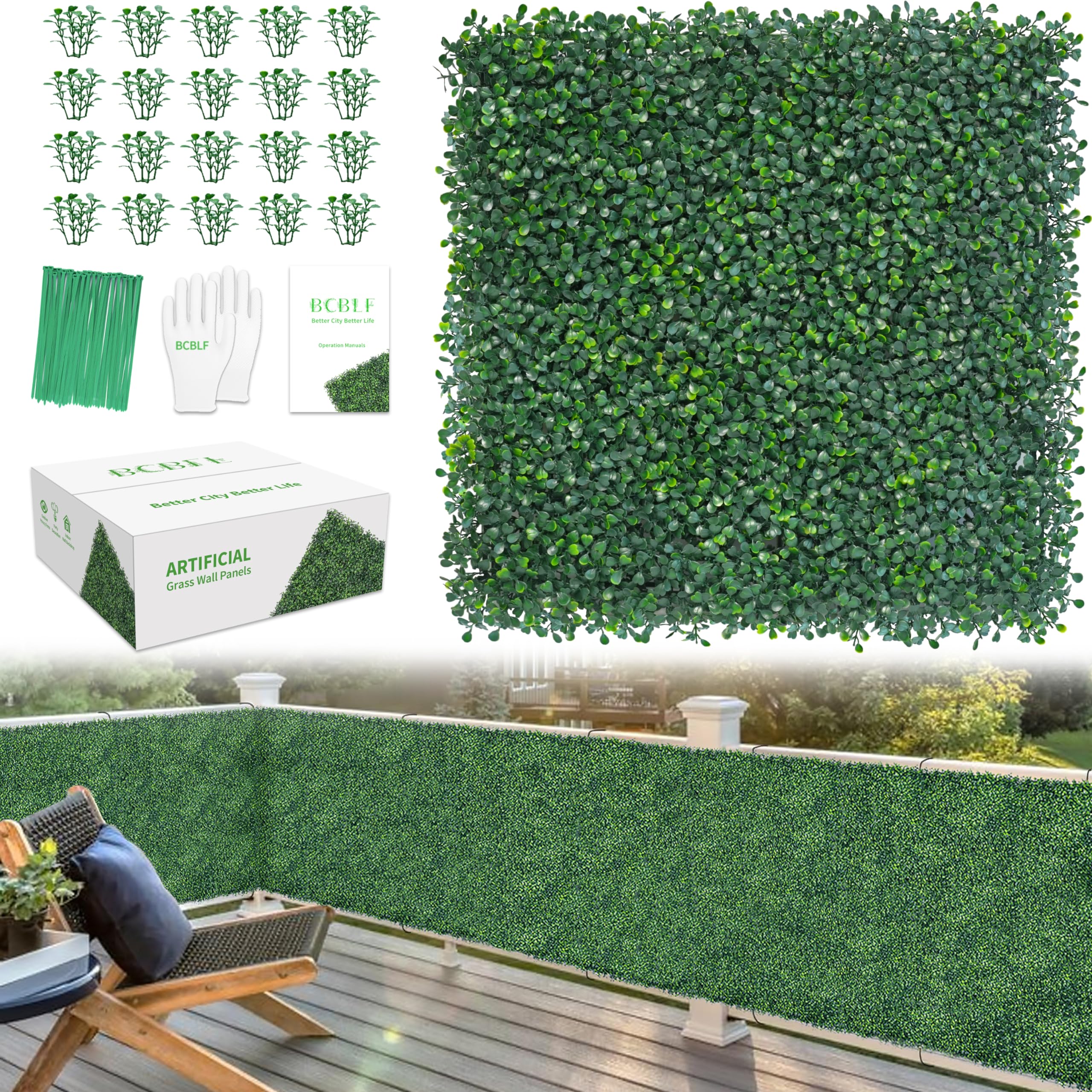 20x20Inch 9Pcs Grass Wall Panels, 4 Layers UV-Anti Boxwood Greenery Hedge with 50 Zip Ties, No Odor Artificial Fake Grass Backdrop Indoor Outdoor Privacy, Birthday Wedding Decor, 25 SQ FT