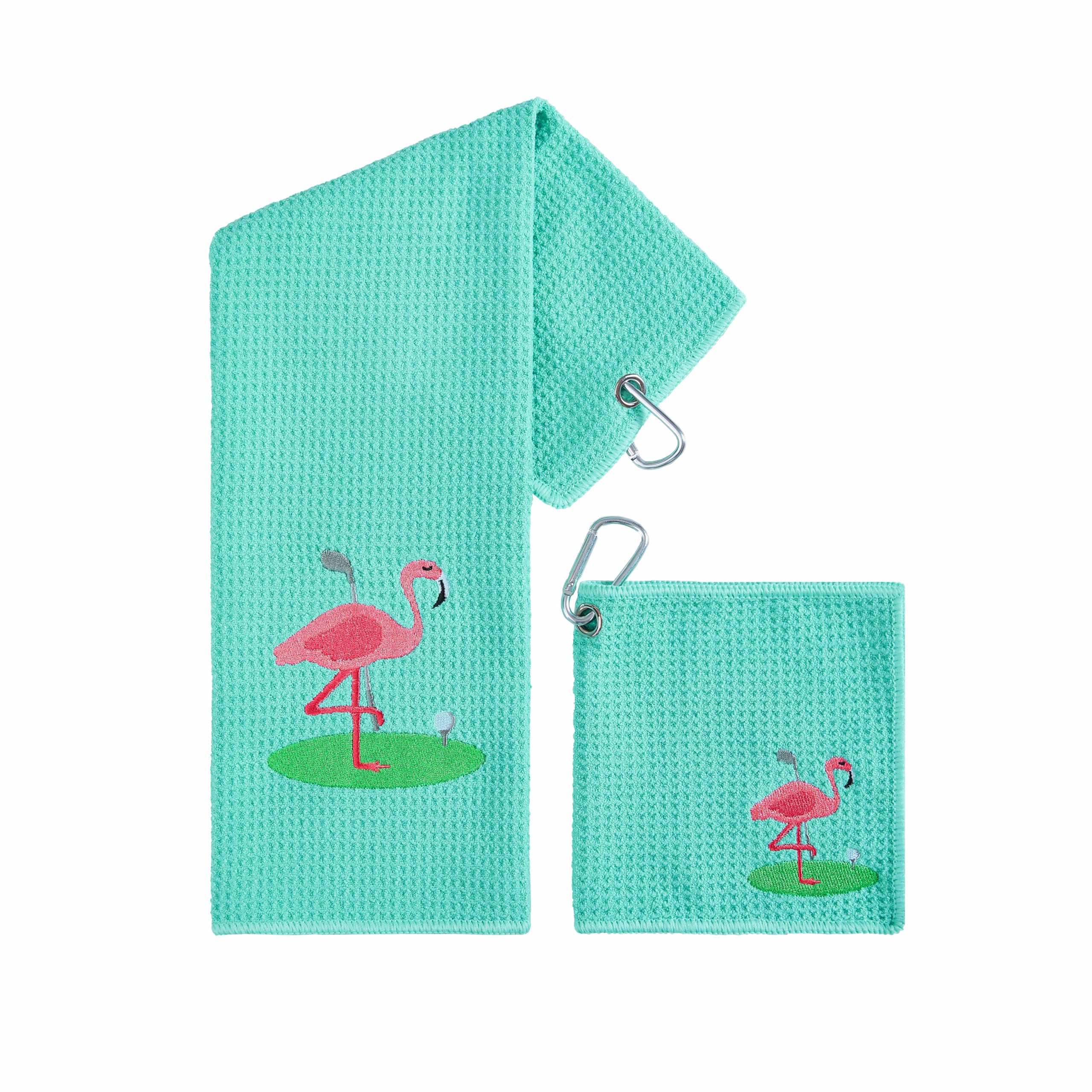 Embroidered Golf Towel Set – Custom Towels for Golf Bags & Carts – Golf Accessories & Gifts for Kids, Men, & Women – Microfiber Waffle and Ball Towels – Flamingo Design - 2-Pack