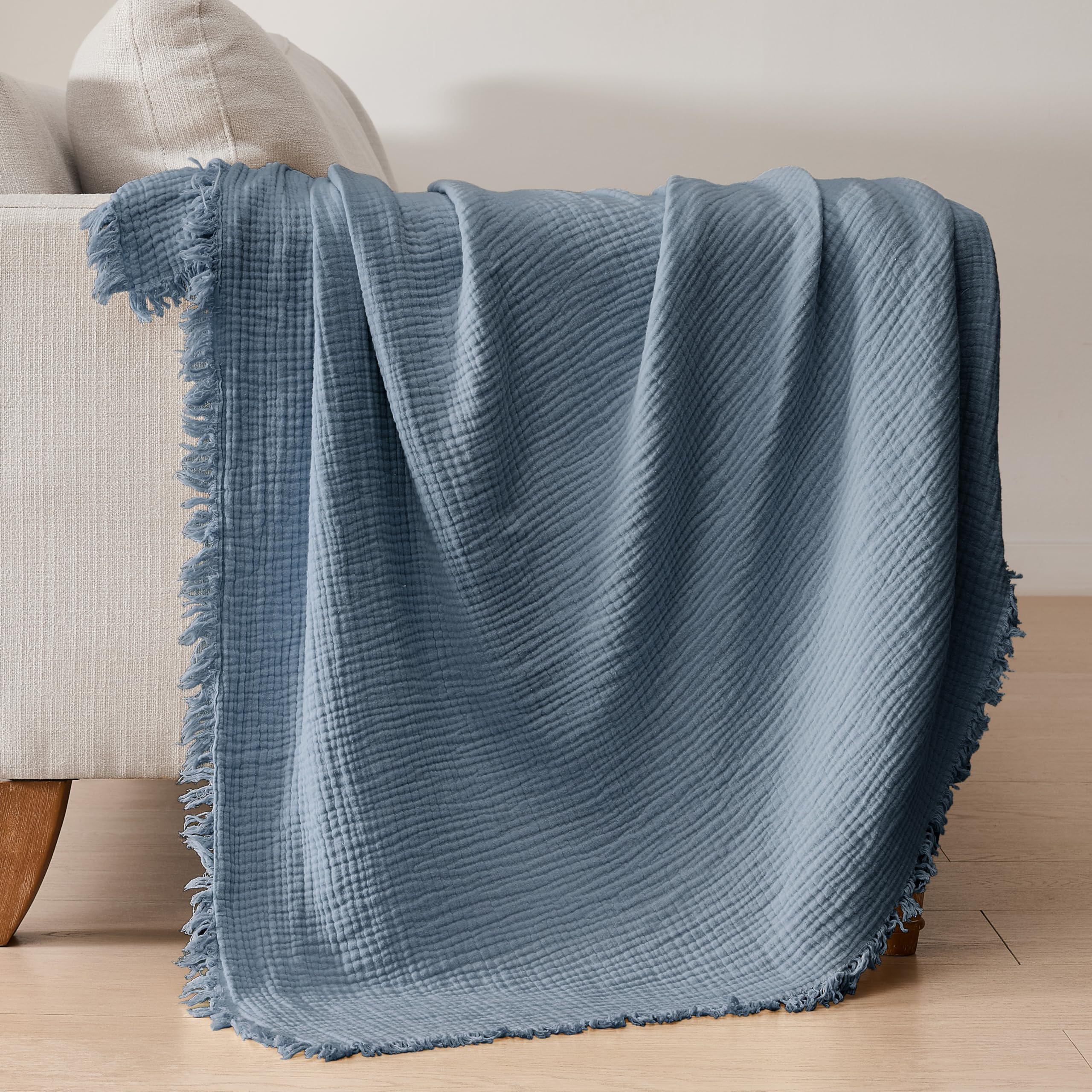 R.SHARE Coperta Mussole 100% Cotone per Adulti 130x150cm Coperta Cotone 4 Strati con Frange Traspirante Morbida Copriletto Estivo Matrimoniale Copridivano, Blu