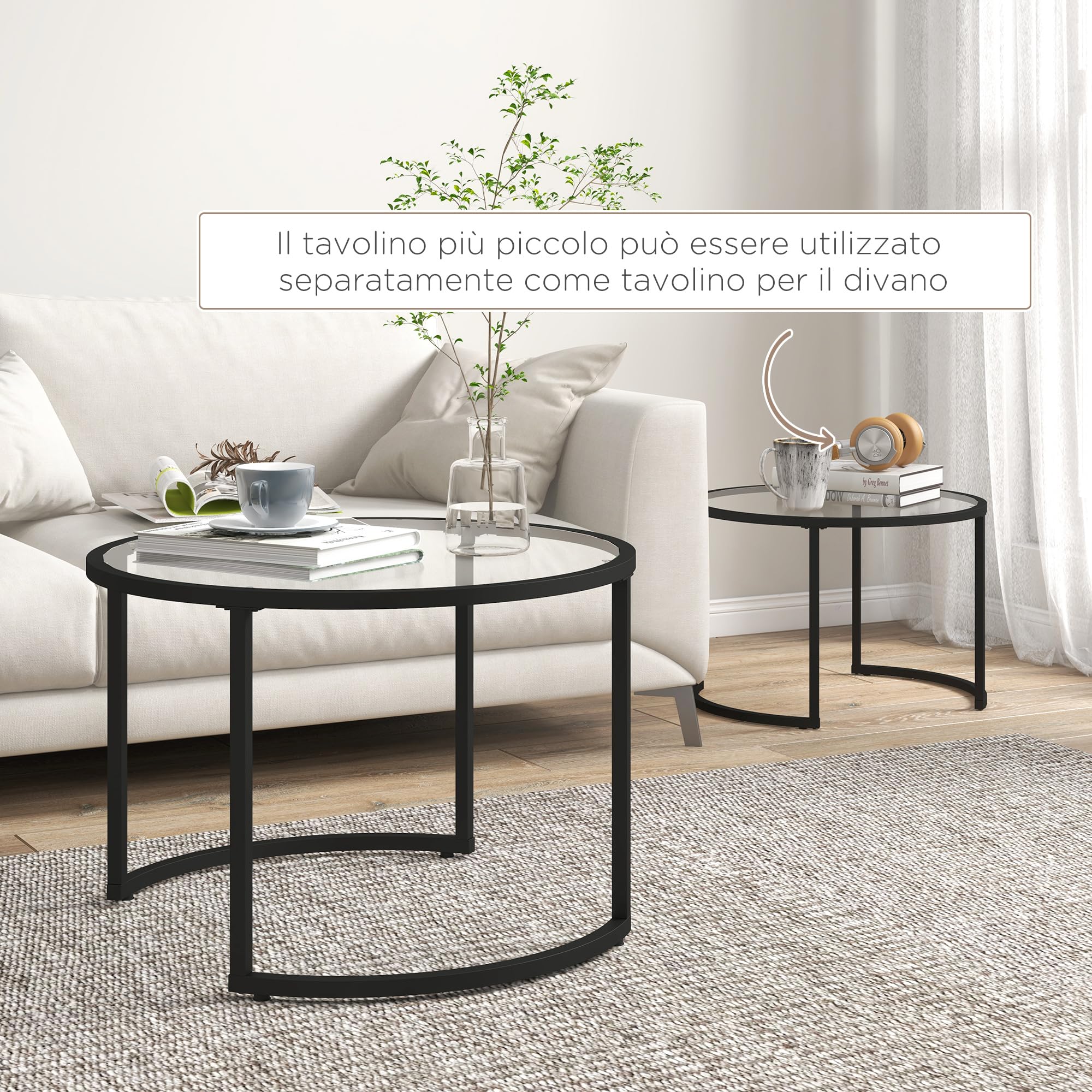 HOMCOM Set di 2 Tavolini da Caffè Impilabili Ø70x47.5cm e Ø54x42.5cm Nero | Sovrapponibili, Tavolini Bassi Rotondi da Salotto, Vetro Temperato e Acciaio, per Soggiorno Camera e Ufficio