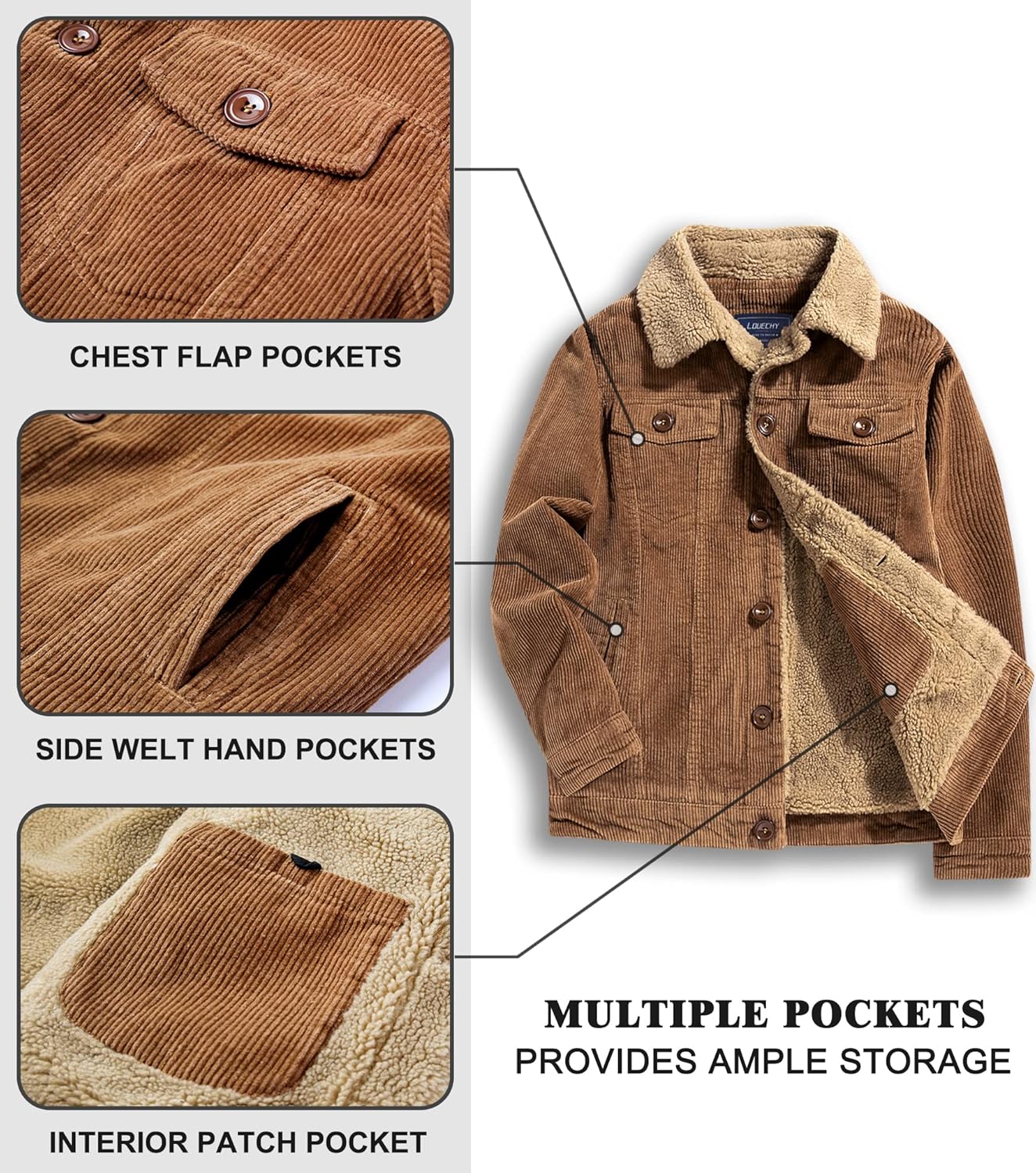 LOUECHY Men's Corduroy Sherpa Lined Trucker Jacket Thickened Warm Winter Coats - Image 5