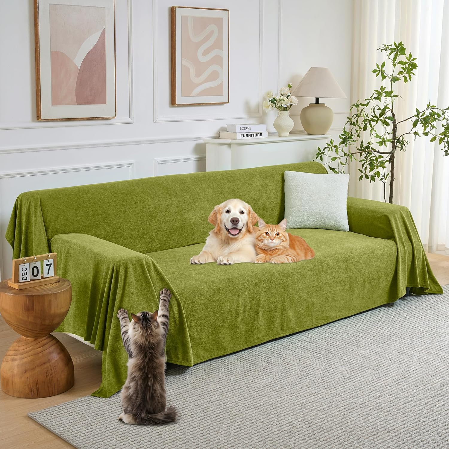 PuTian Couch Cover for Dogs - Waterproof Anti-Scratch Washable Non Slip 2 Cushion Cover Blanket L Shaped Recliner Sectional Arm Chair Sofa Slipcover for Pet Cats Kids, 71X102 in Boho Green