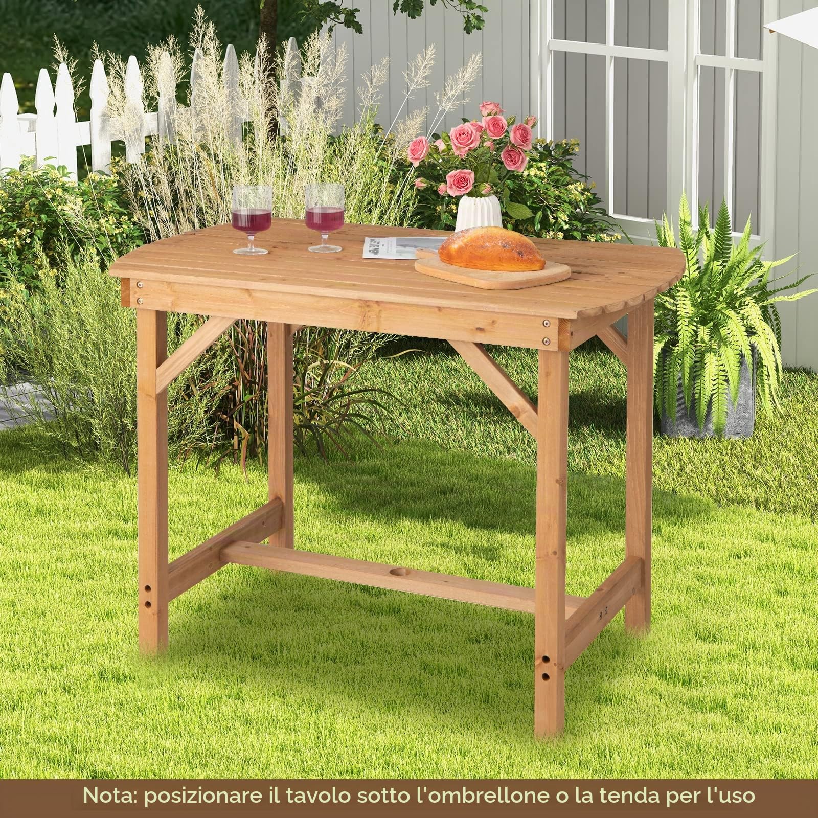 COSTWAY Tavolo Pranzo da Giardino in Legno, con Foro per Ombrellone, per 4-6 Persone, Giardino Patio Cortile, 100 x 60 x 75 cm, Portata 180 kg