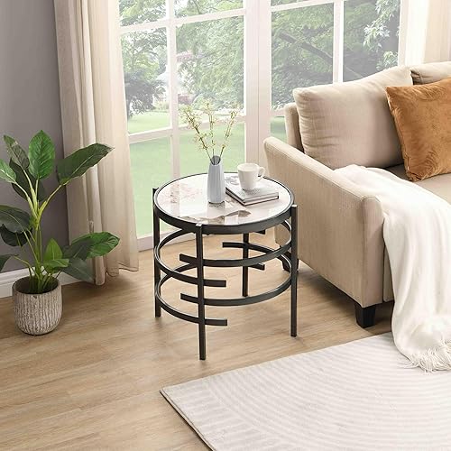 Miniatura 25 de Mesa auxiliar redonda moderna con parte superior de piedra sinterizada, elegante mesa auxiliar de sofá con marco de metal irregular, mesa de centro