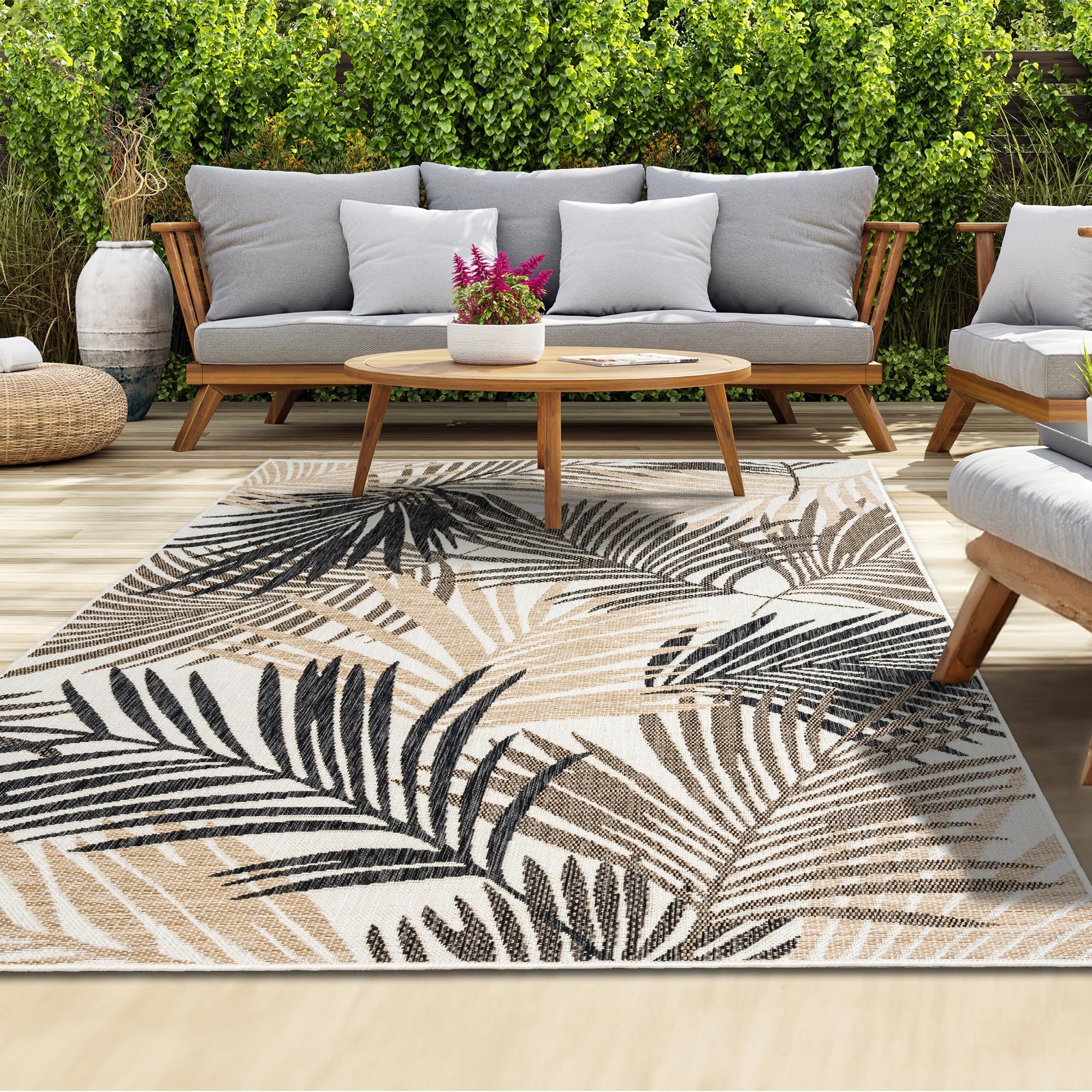 homeart Outdoor Rug - Easy-Clean, Durable, Stain-Resistant, Weather & UV Resistant Indoor & Outdoor Rugs for Porch, Deck, Balcony, Garden, Picnic and Patio | Palm Black, Beige - 80x150cm