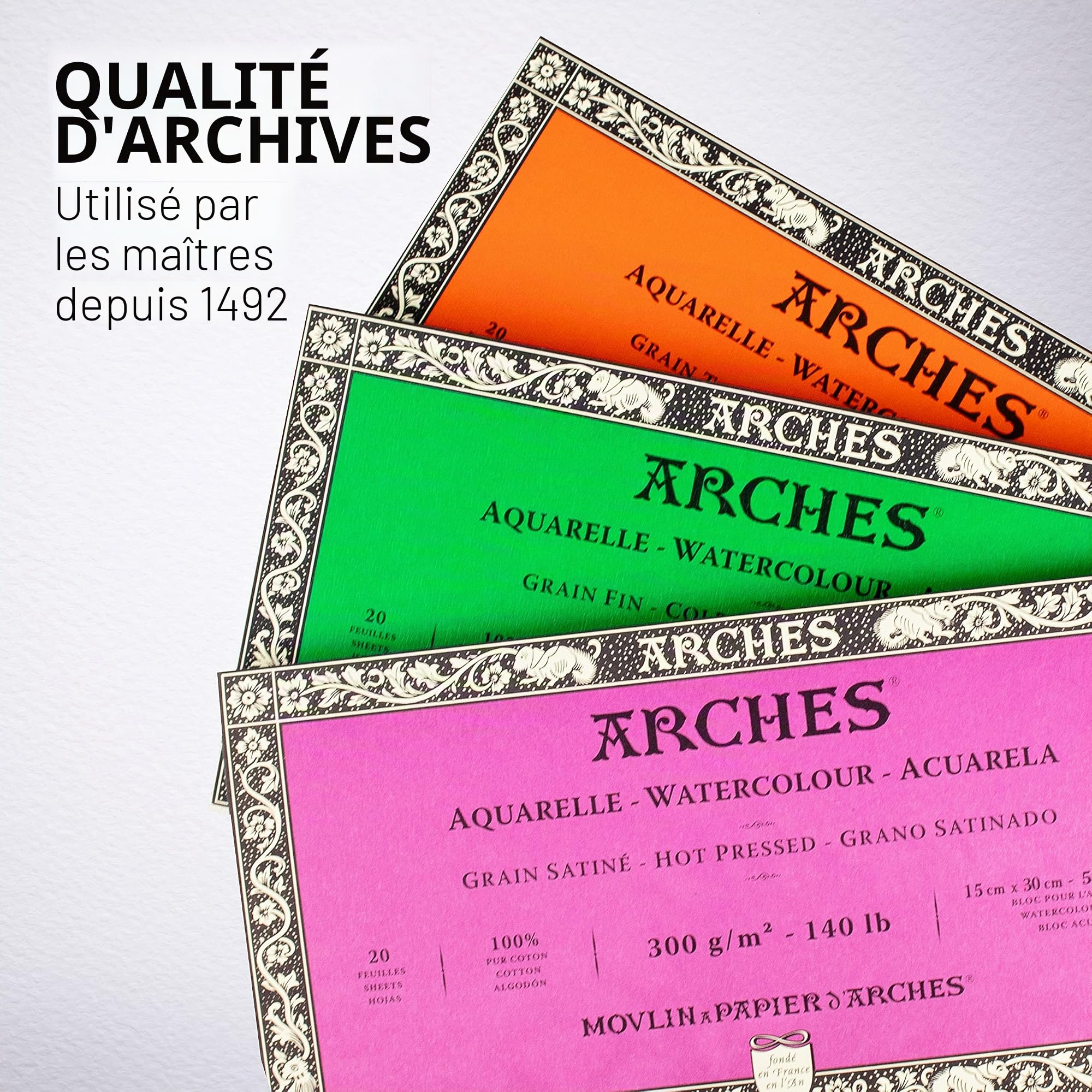 Arches 795057 Bloc Aquarelle Grain Fin Naturel Blanc 300G 15X30CM 20P, Bois, 30 x 15 x 1 cm