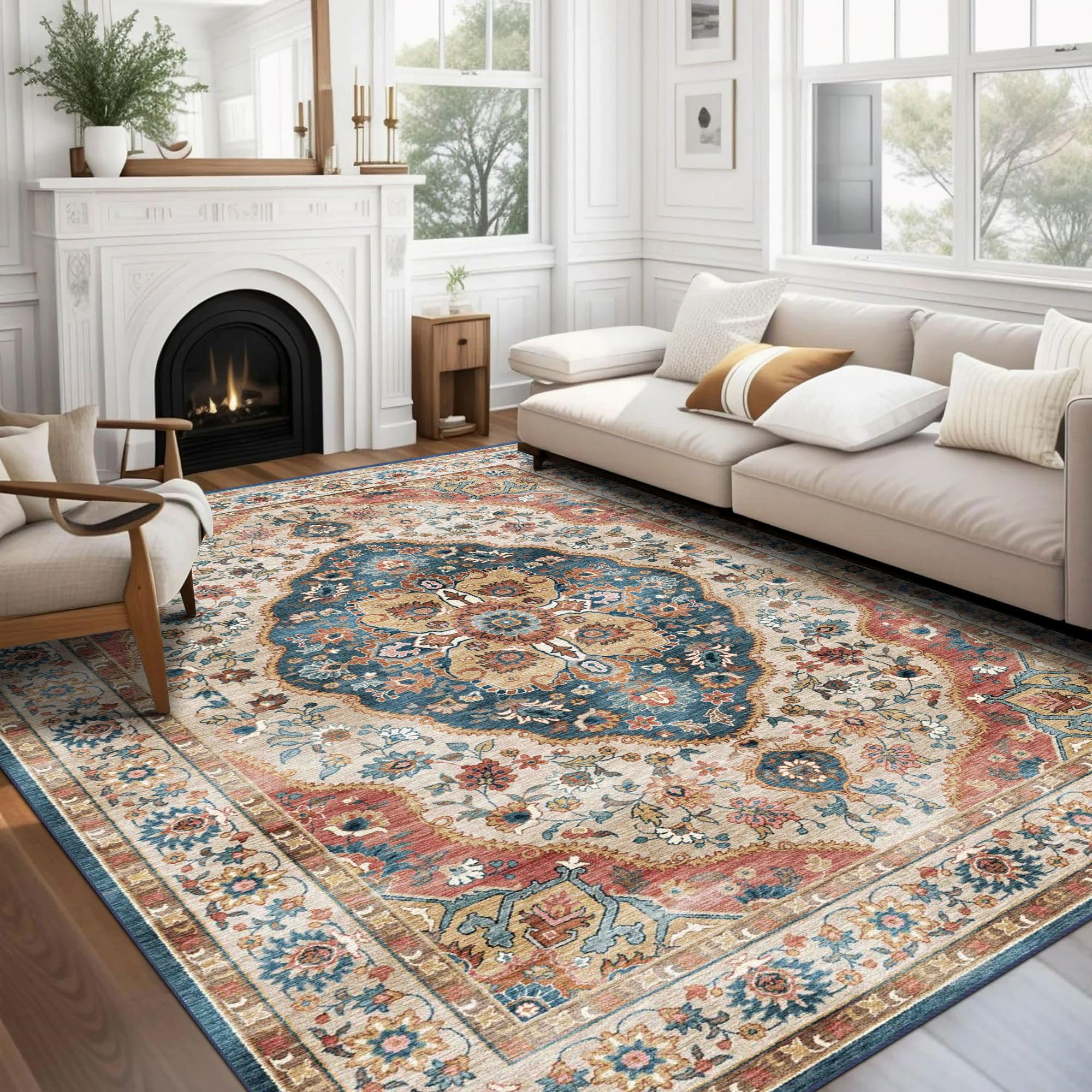 vivorug 6x9 Area Rug, Ultra-Soft Washable Rug for Living Room, Dinner Room, Bedroom, Non-Slip Vintage Beige Rug, Indoor Carpet Large Area Rug