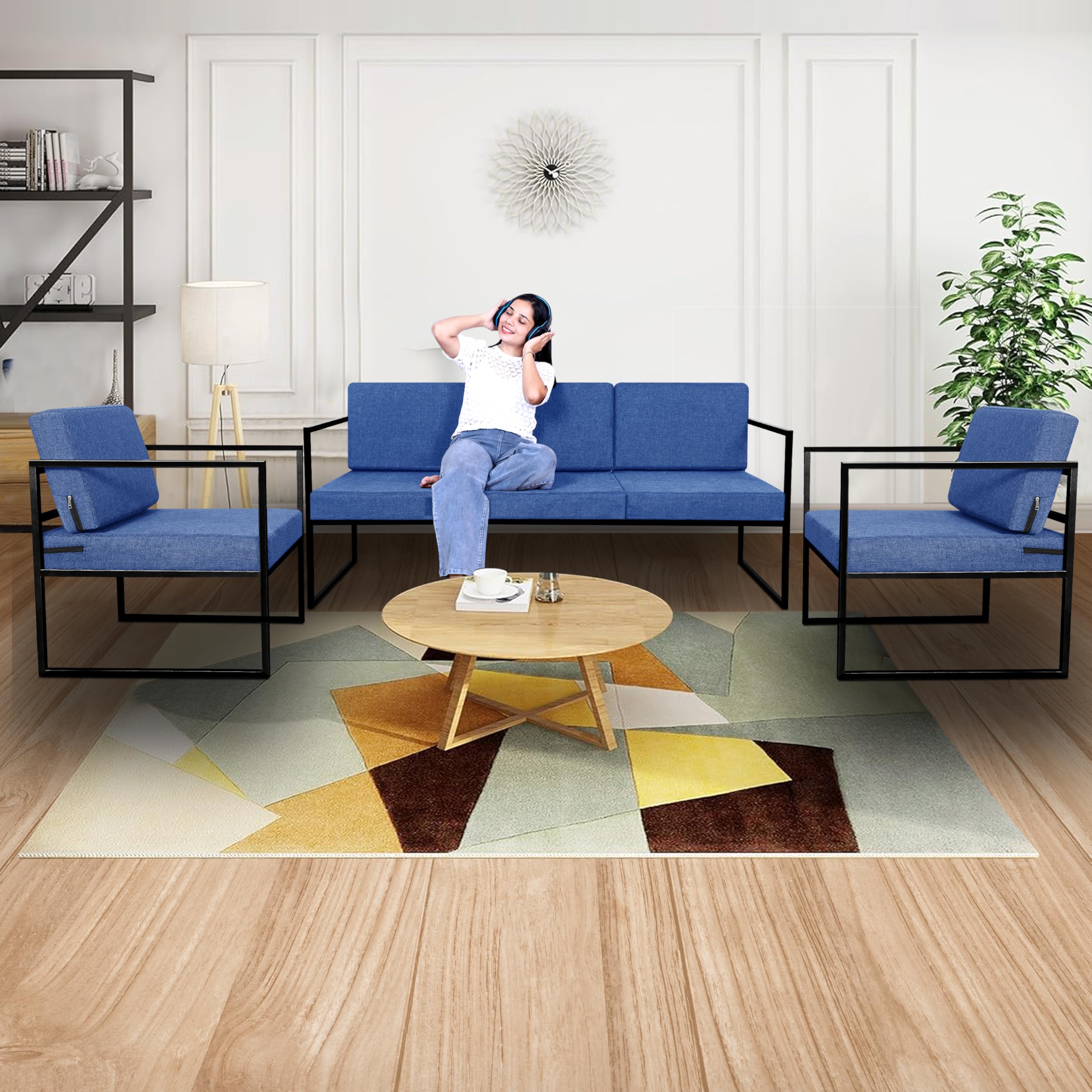 CloudyfeelCloudyfeel Metal Sofa Set 3 + 1 + 1 Metal Sofa Set Outdoor/Indoor Sofa Set Jute Fabric - Blue