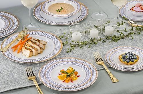 Miniatura 4 de Laura Stein 20 platos de 10 pulgadas vajilla de diseñador de plástico pesado de alta calidad blanco con borde azul y dorado plato de plástico para