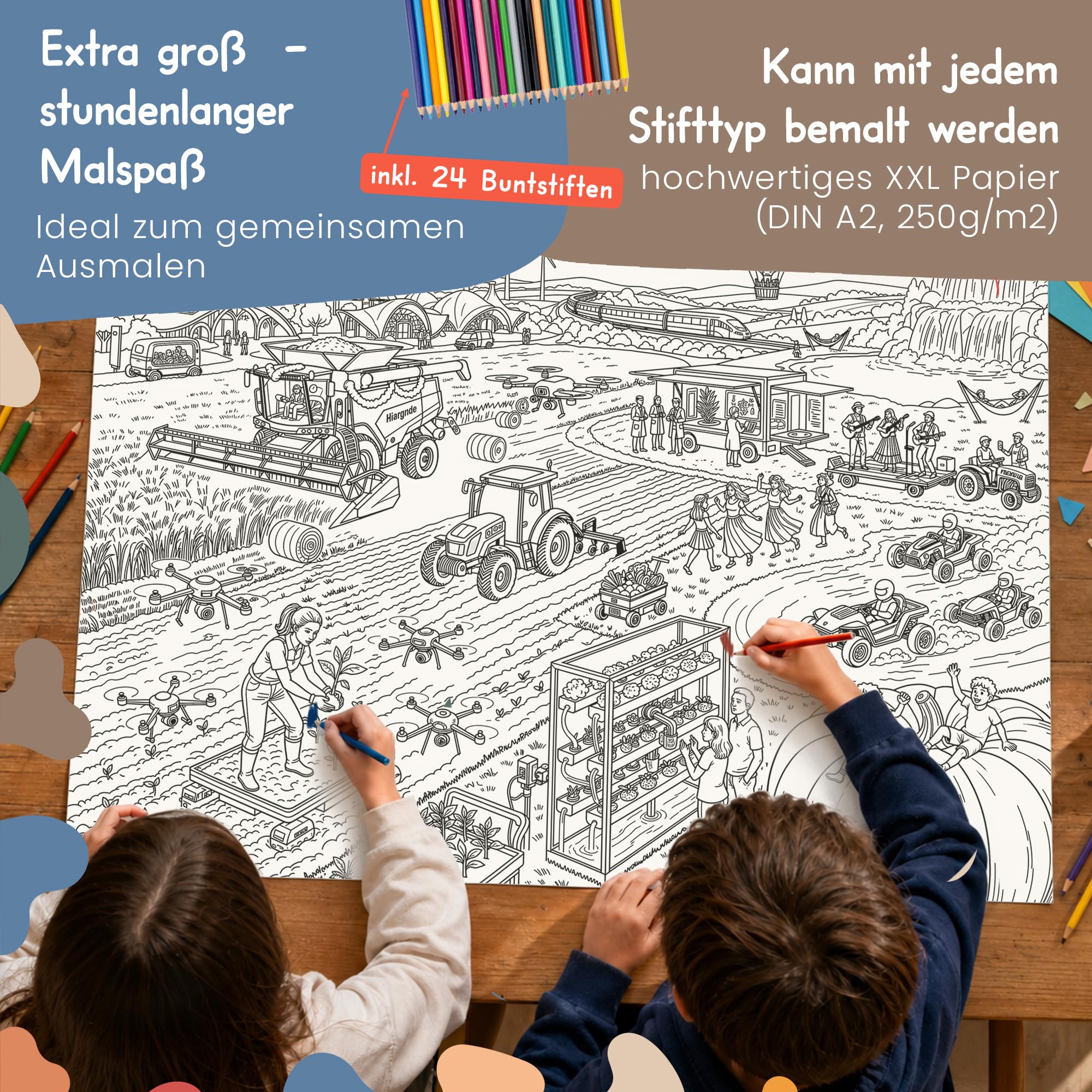 5 x kolorowy plakat XXL z 24 kredkami do kolorowania, farma od 5