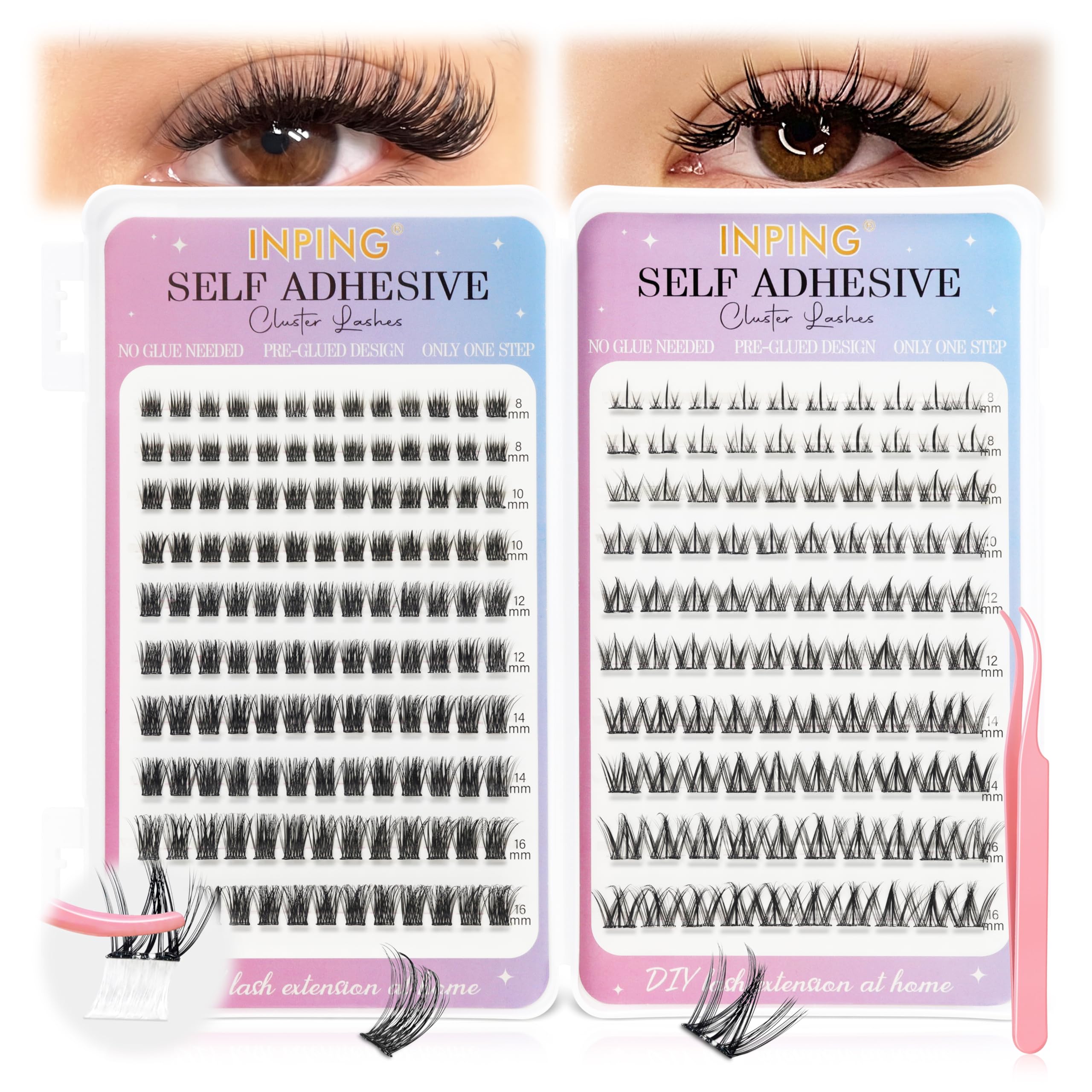 INPING Samoprzylepne rzęsy, 2 style Press on Lashes Fluffy Spiky Wispy Pre Glued Lashes Extension Set z pęsetą dla początkujących, przedłużenie rzęs w domu, "zrób to sam", bez kleju, 8-16 mm
