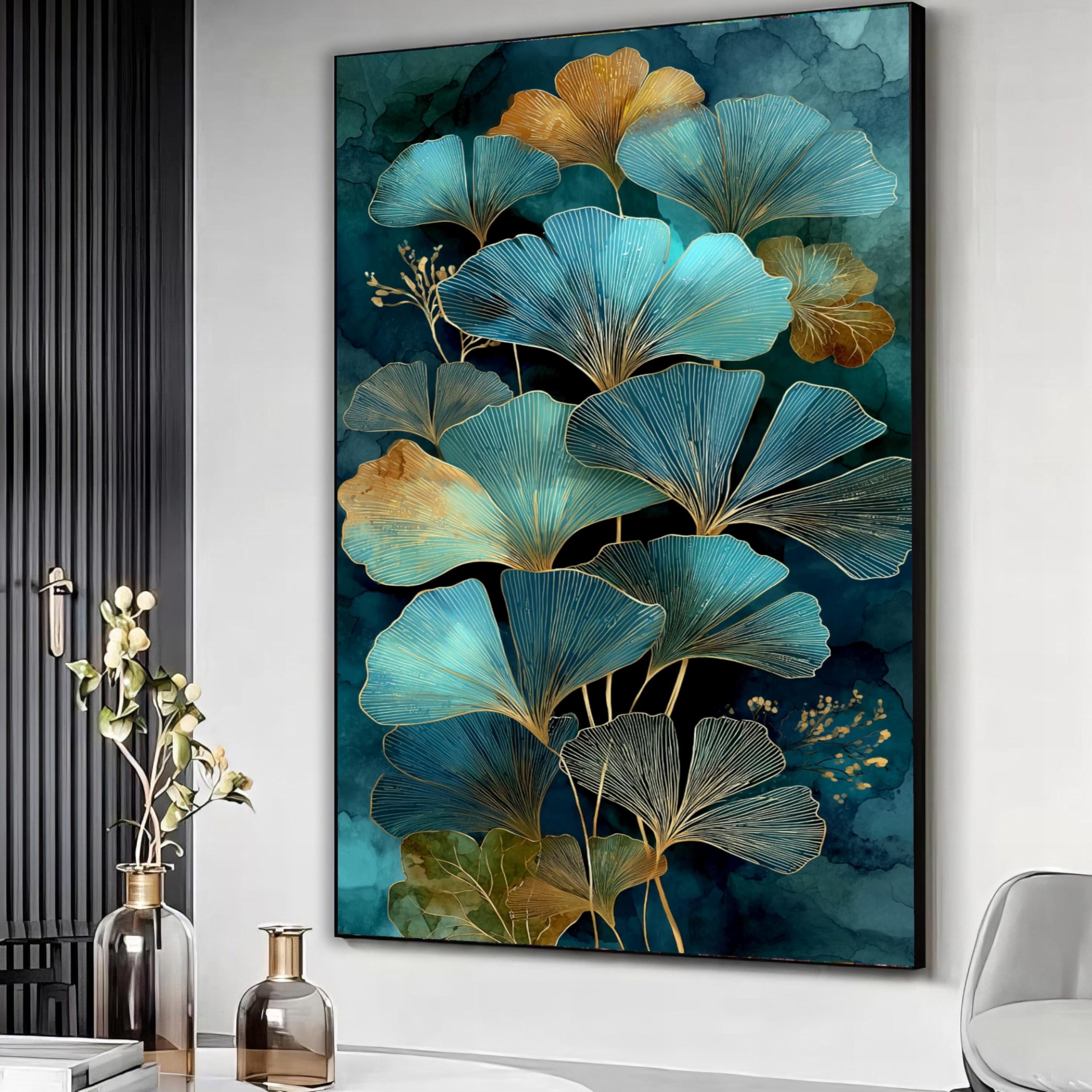 YUSUZHU Blue and Gold Ginkgo Leaves Canvas, Abstract Botanical Wall Art, Floral Decoration, Nature Inspired Canvas, Home Accent(80x110cm/Inner Frame)