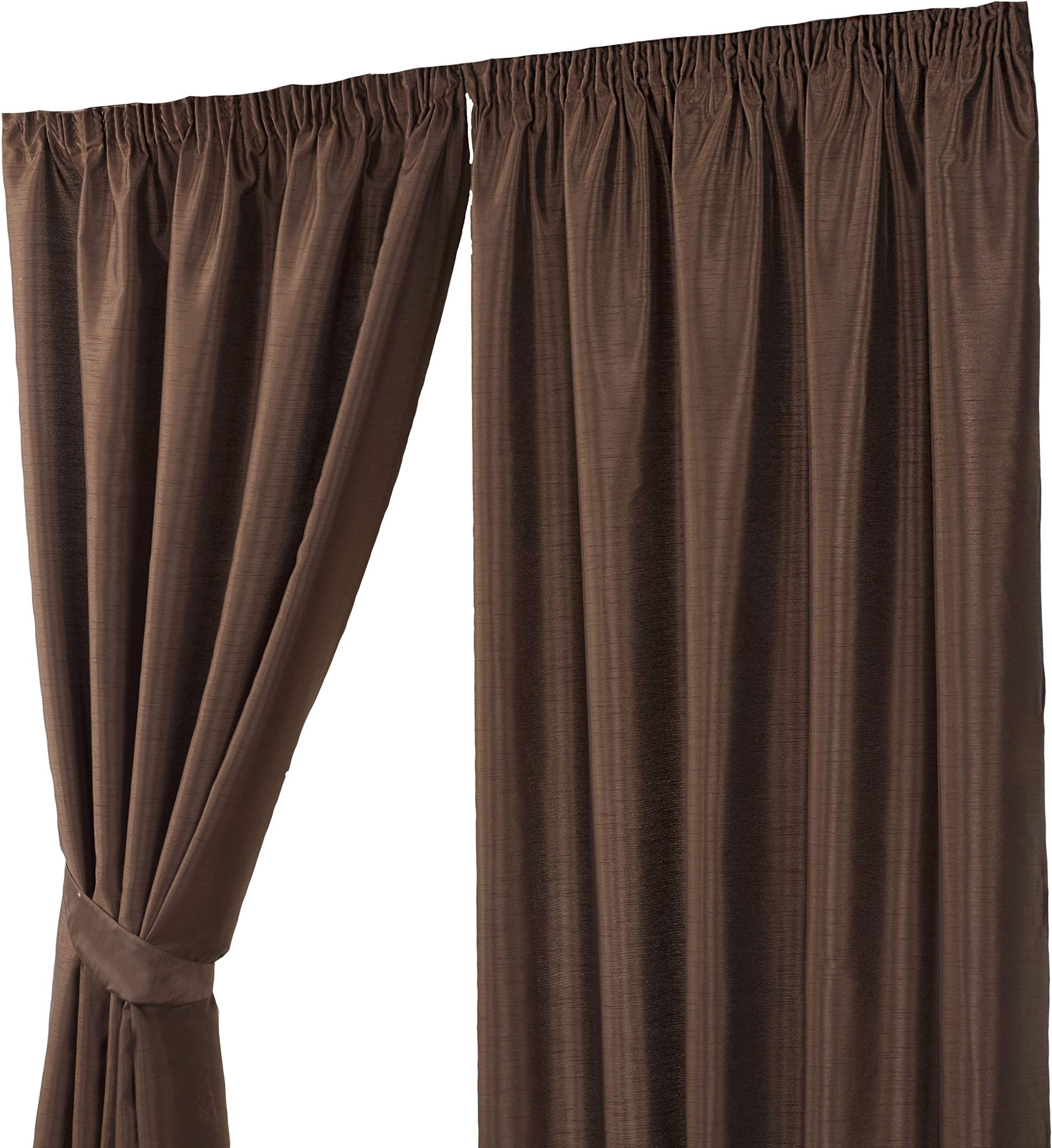 Faux Silk Lined RM Curtains + T/Bks (3" Header Tape) 116 x 182cm (46 x 72") Chocolate