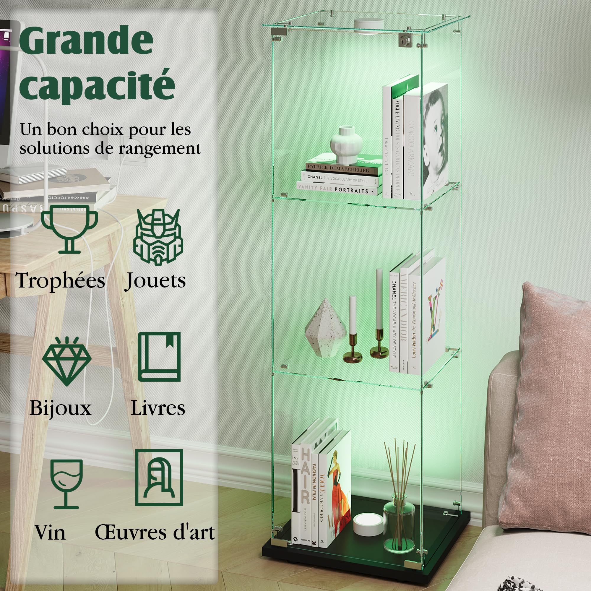 vitrina de cristal con LED, armario de colección moderno con 3 estantes 1 puerta, vitrina de pie para sala de estar, dormitorio, oficina, 123 x 40 x 35 cm (negro + puertas individuales + luces