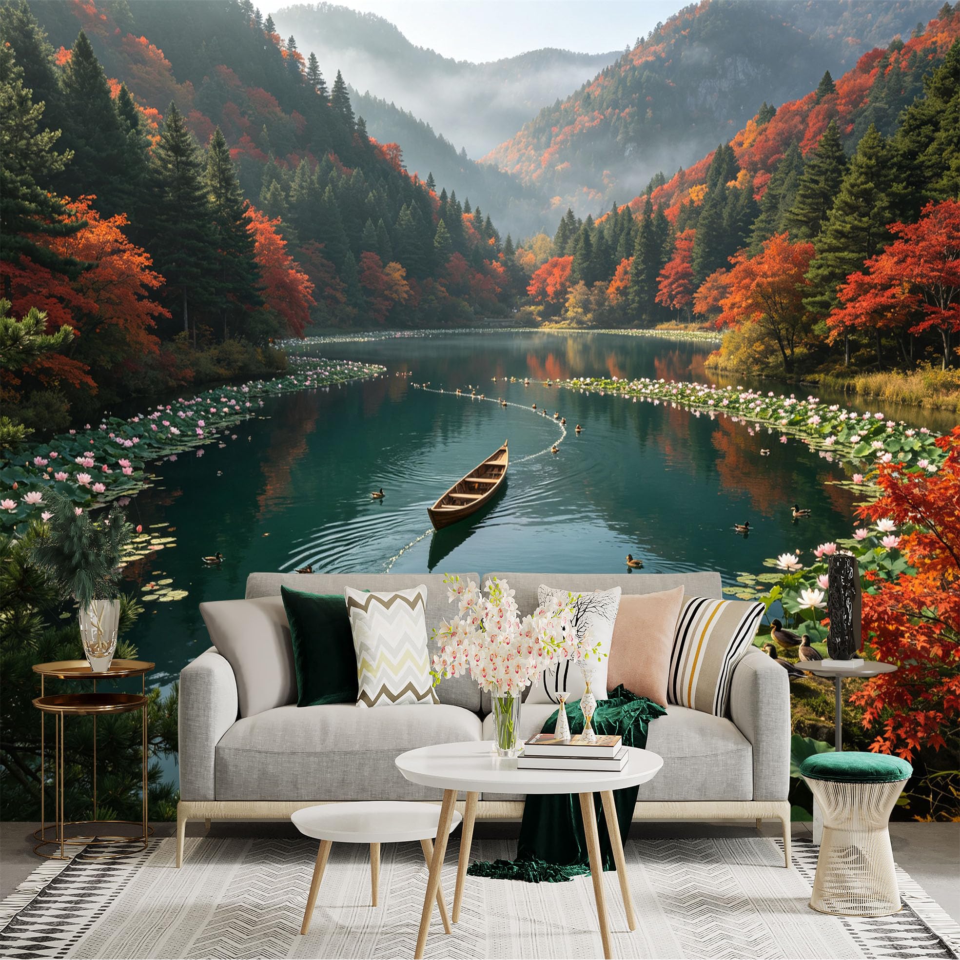 Custom Size Wall Sticker Mural， Autumn Lake with Colorful Maple Trees， Wooden Boat and Floating Lotus， Serene Forest Scenery， for wall Decoration， peelandstick wall Decals.