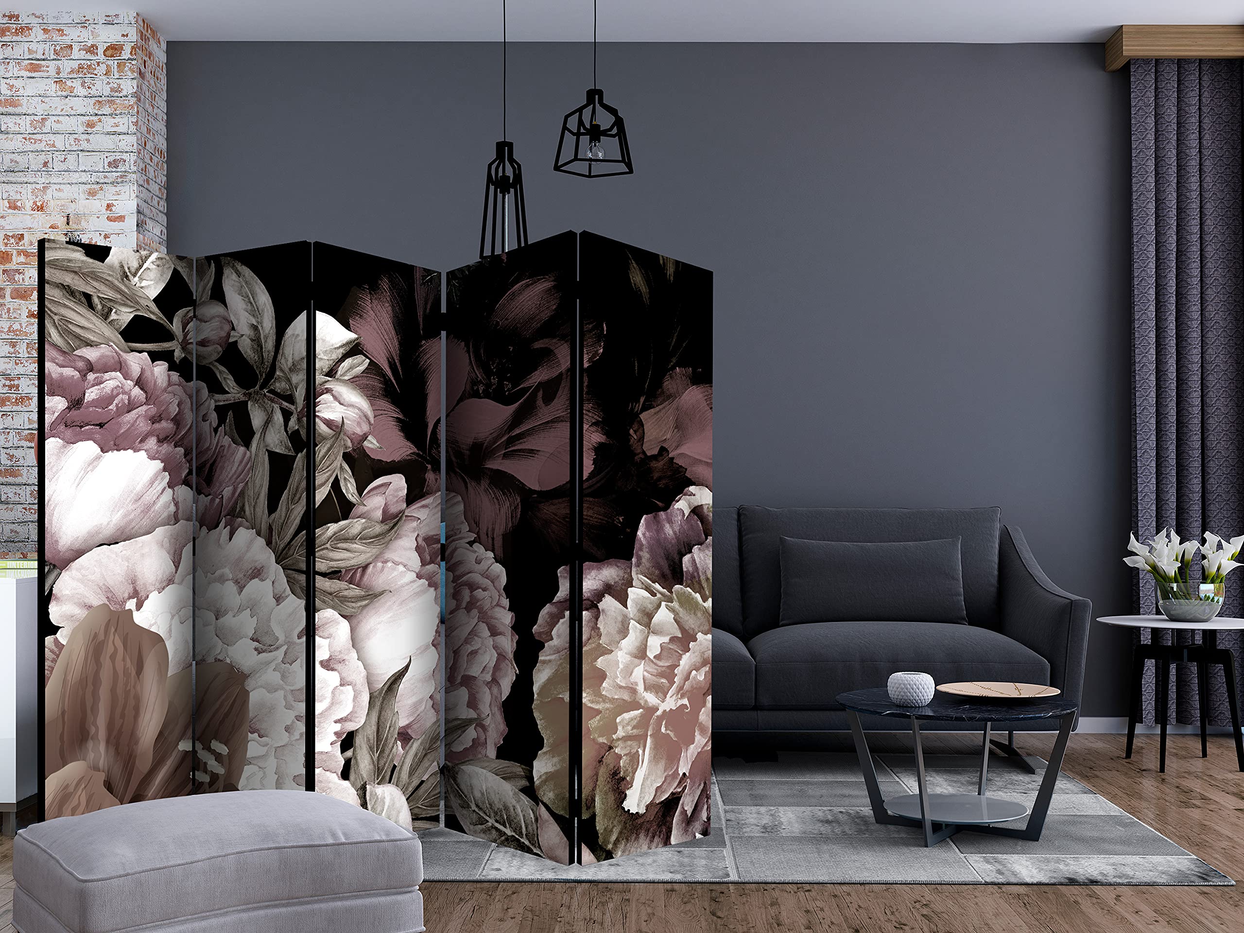 decomonkey Paravent décoratif intérieur Floral Gris Beige 225x172 cm