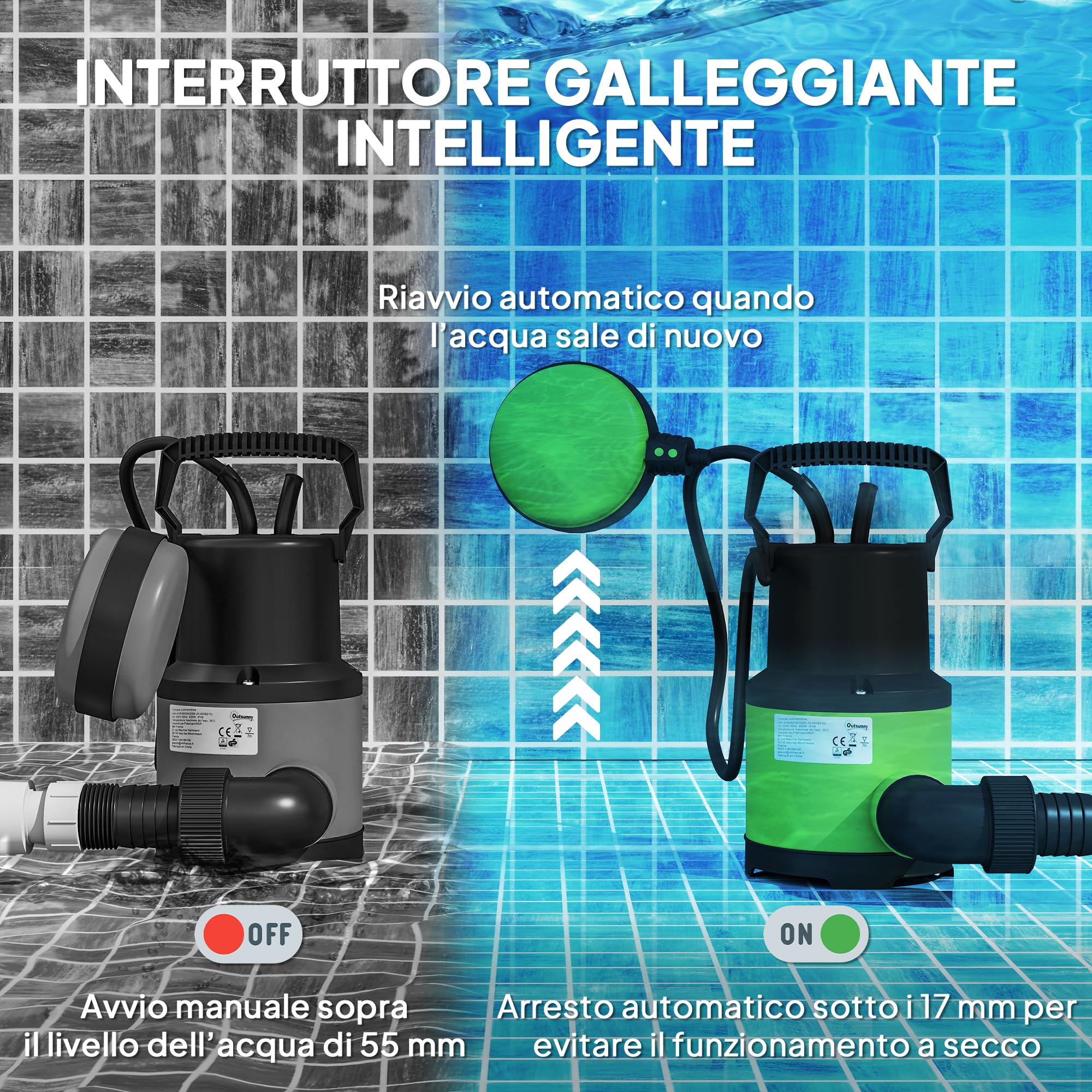 Outsunny Pompa Acqua Sporca/Pulita 400W, 9.000L/h, Pompa Sommersa Acque Sporche 7m Profondità Max, Gestisce Particelle fino a 15mm, Interruttore a Galleggiante, Verde