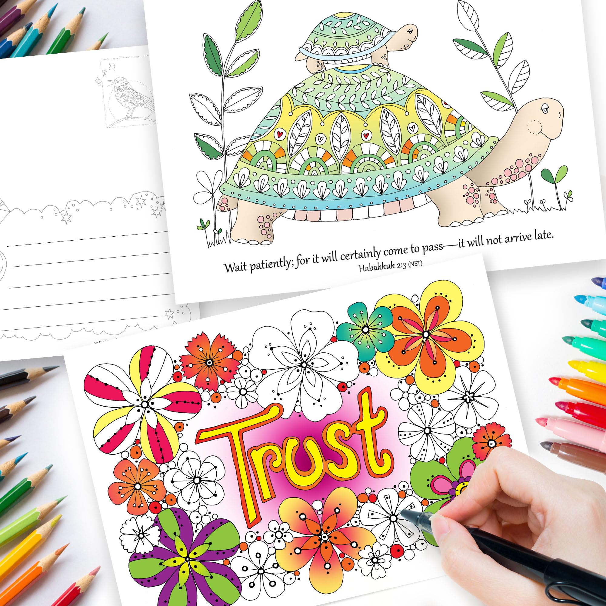 Bible Coloring Postcards, Hope, Pack of 10 different designs, with Bible verse on reverse. Make great Christian gifts for adults or children. (White/IOHPC)