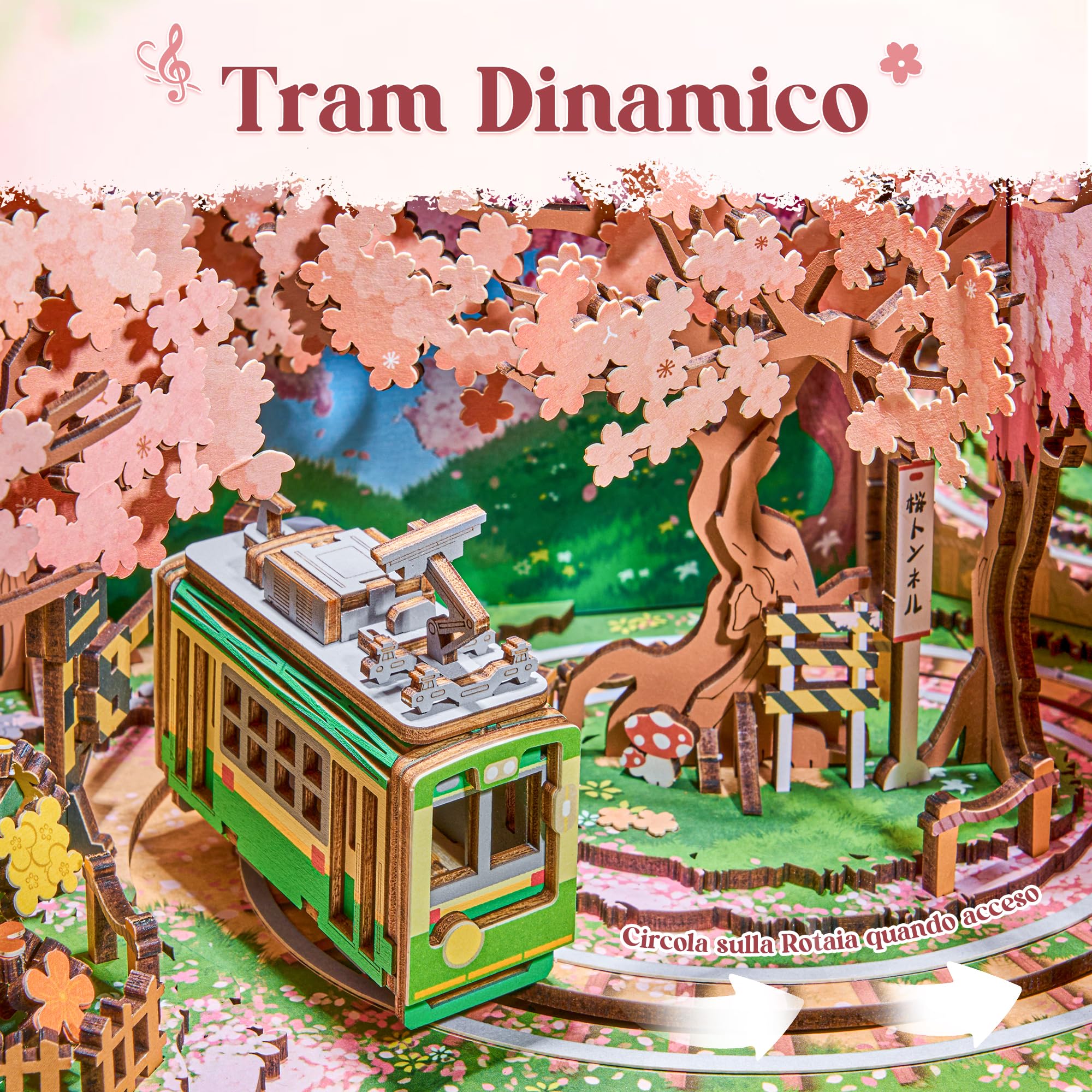 Rolife Puzzle 3D Anime Sakura Tram Decor TV, Puzzle Legno 283 pezzi – Modellino da Costruire con Tram Mobile & LED, Scena cherry blossom, Regalo per Costruire Modellini & Casa