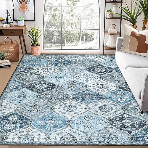 GAOMON 9x12 Area Rug Modern Trellis Machine Washable Area Rug for Living Room Bedroom Vintage Medallion Floral Non-Slip Stain Resistant Accent Rug Carpet for Home Decor, Blue/Grey