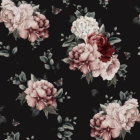 Wallercity Vintage Floral Peel and Stick Wallpaper Red Rose Wall Paper for Accent Walls Roses Wallpaper Waterproof Removable Retro Black Floral Contact Paper for Bathroom Shelf Backdrop 17.5