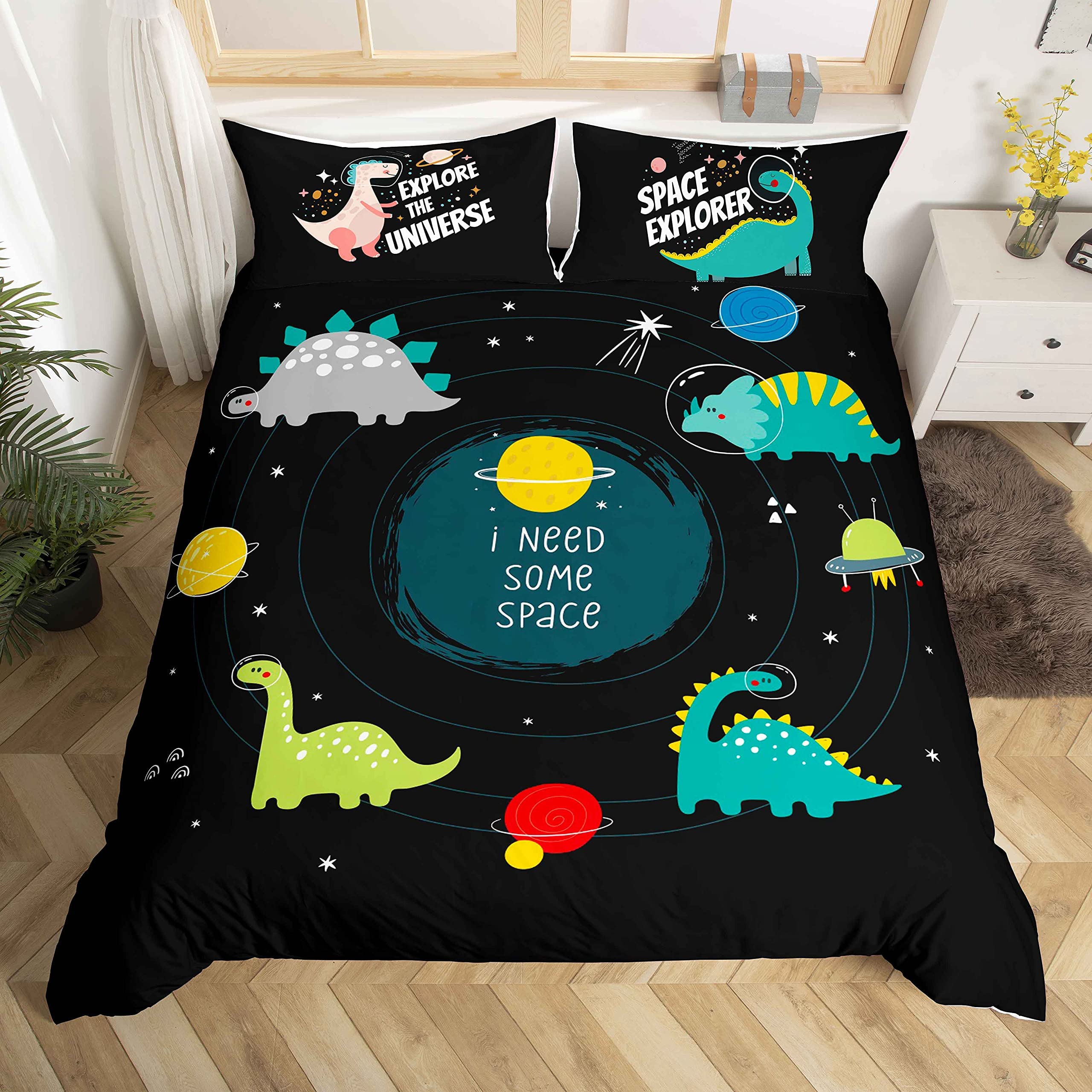 Kids Dinosaur Bedding for Boys Girls Galaxy Outer Space Theme Bedclothes Cartoon Dinosaur Animal Duvet Cover Set Cute Dinos Print Soft Microfiber Super King Bedclothes with 2 Pillowcase — image 1