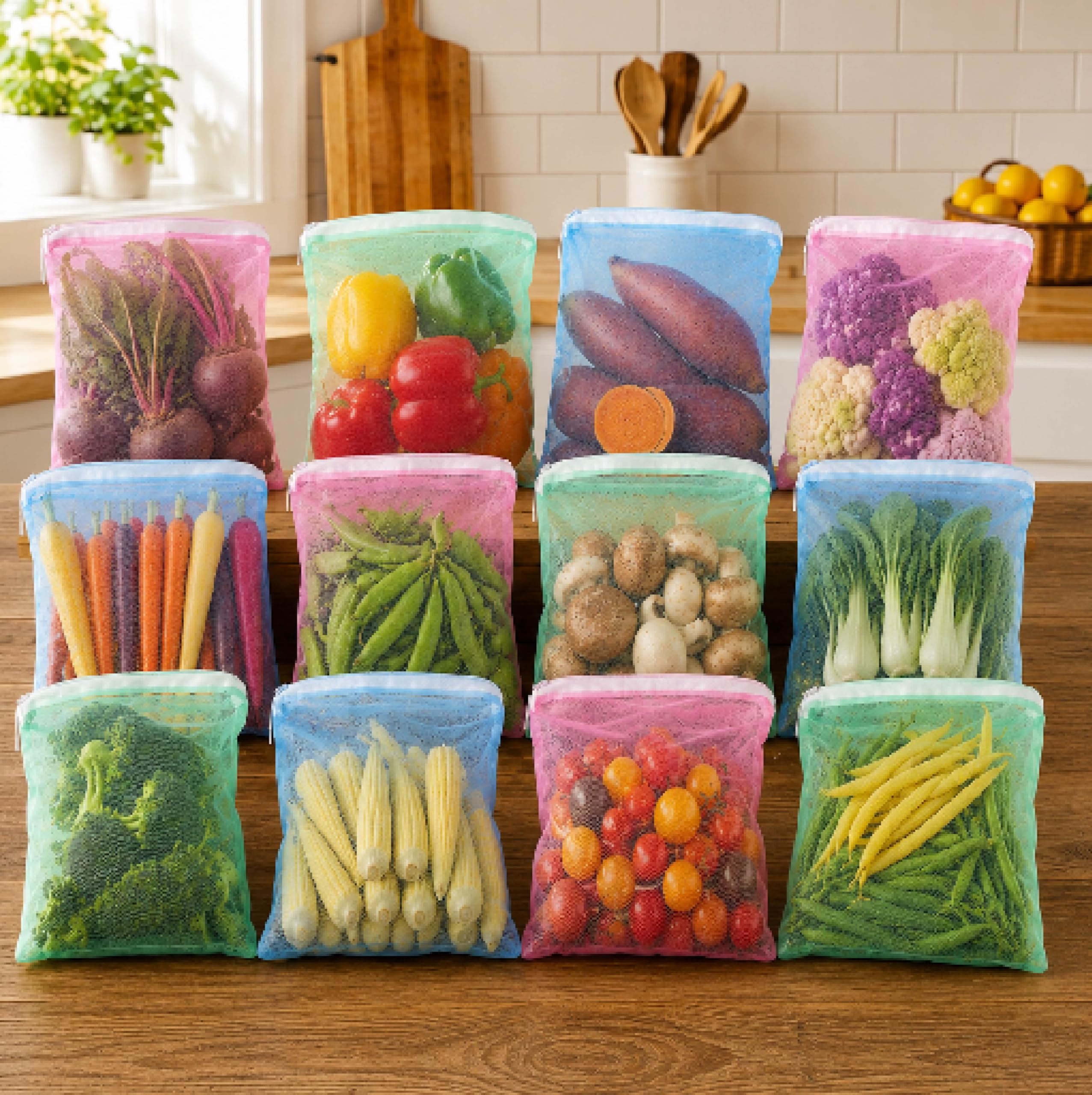 Homestrap Reusable Mesh Fridge Storage Bags Set of 12 | Fruit & Vegetable Bags for Refrigerator | Washable Multipurpose Grocery Organizer Pouches with Zip Closure (9 X 13 Inches | Multicolor)