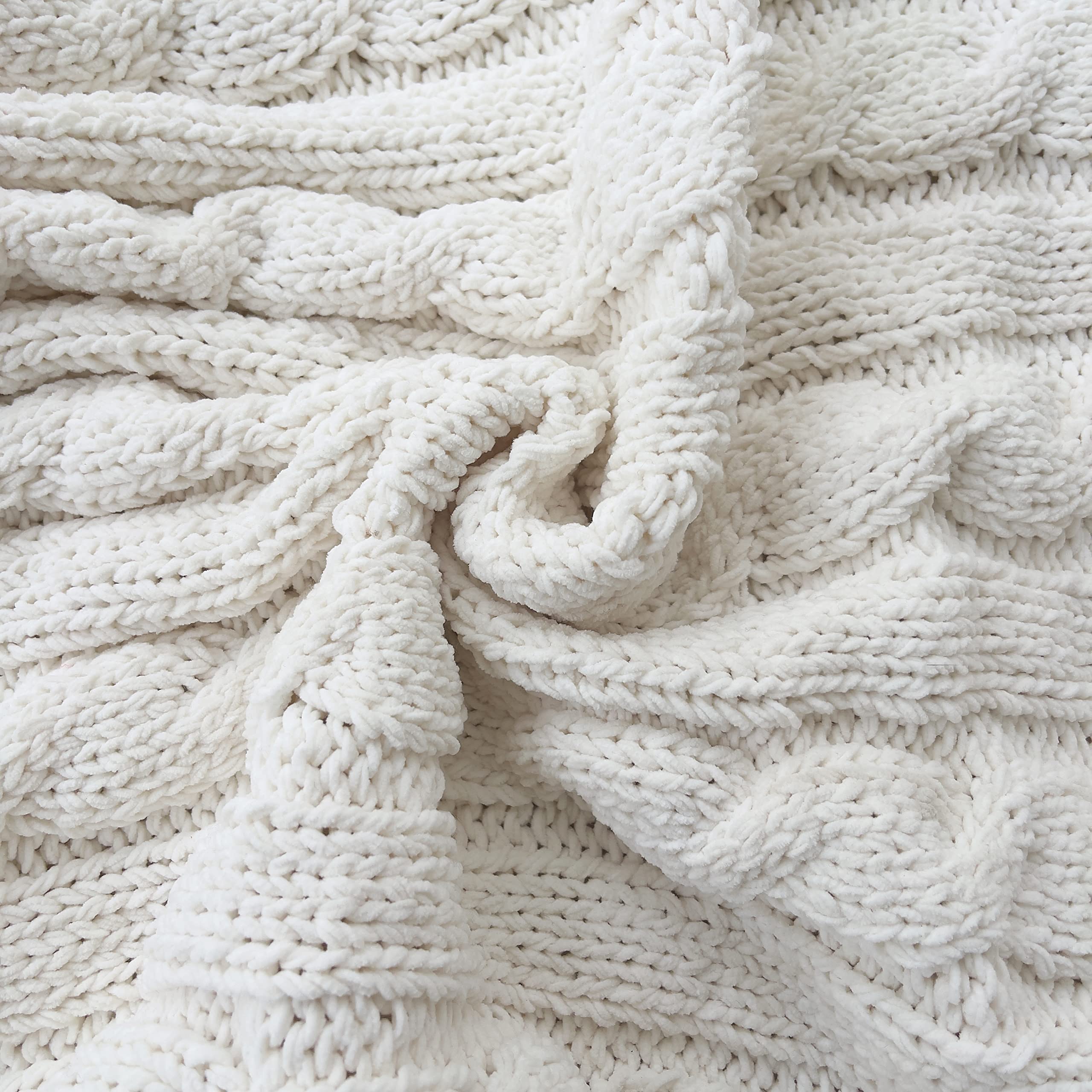 Chenille, grob, gestrickte Überwurfdecke mit 14 Pompons, Quasten, superweich, gemütlich, warm, Decke für Sofa, Bett, weiche Couch, 127 x 152,4 cm, Weiß