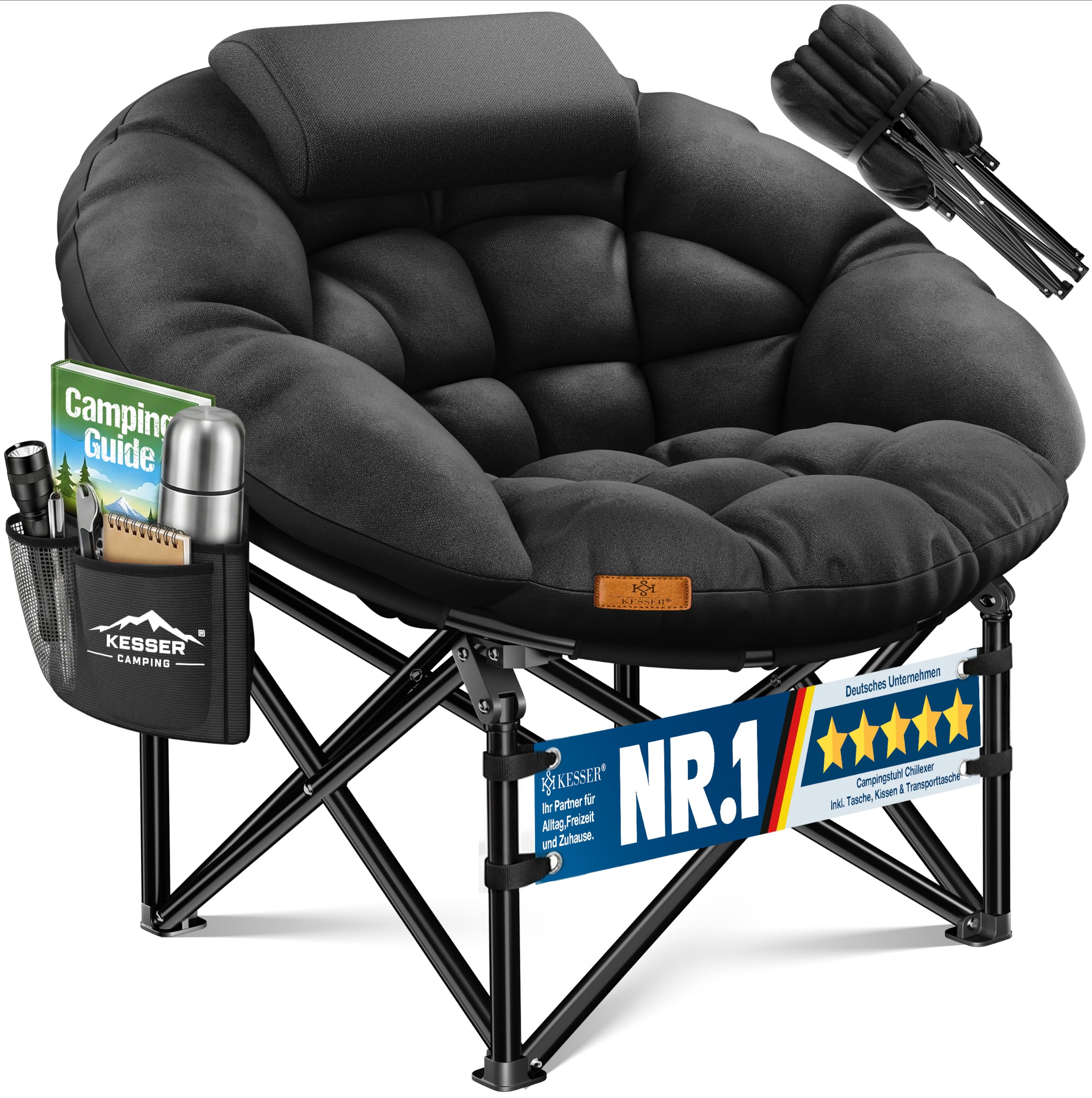 KESSER® Campingstuhl Chillexer faltbar 150 Kg Klappstuhl Ultraleicht und breit, Dickes Polster mit bequemen Kissen und Seitentasche, Cover, Outdoor + Indoor - rund, Camping, Angeln, Festival, Strand