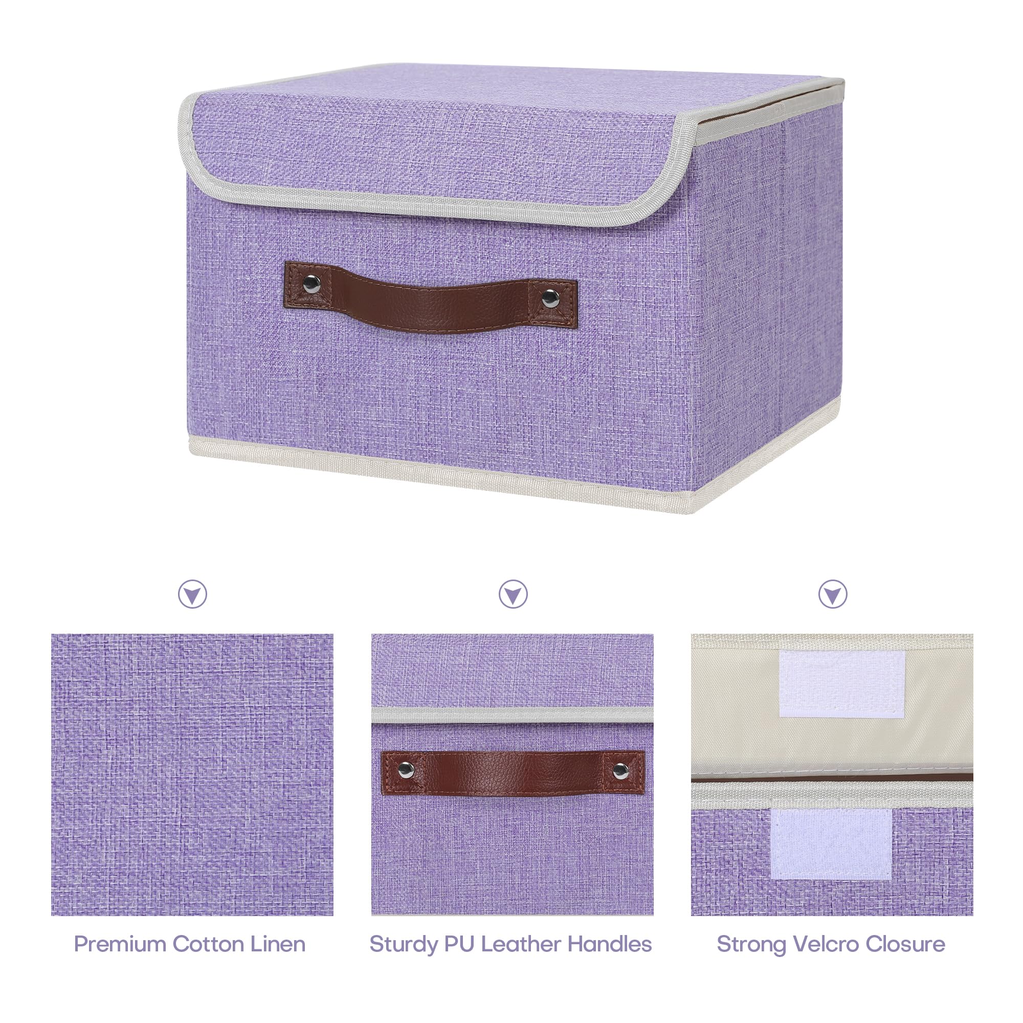 ANMINY Aufbewahrungsbox aus Stoff mit Deckel, Lila, 25,4 x 20,3 x 17,8 cm, 4 Stück | Erinnerungsspeicher, Baumwollleinen, PP-Platte verstärkt, waschbar, PU-Griffe, faltbar & stapelbar, dekorativ, klein