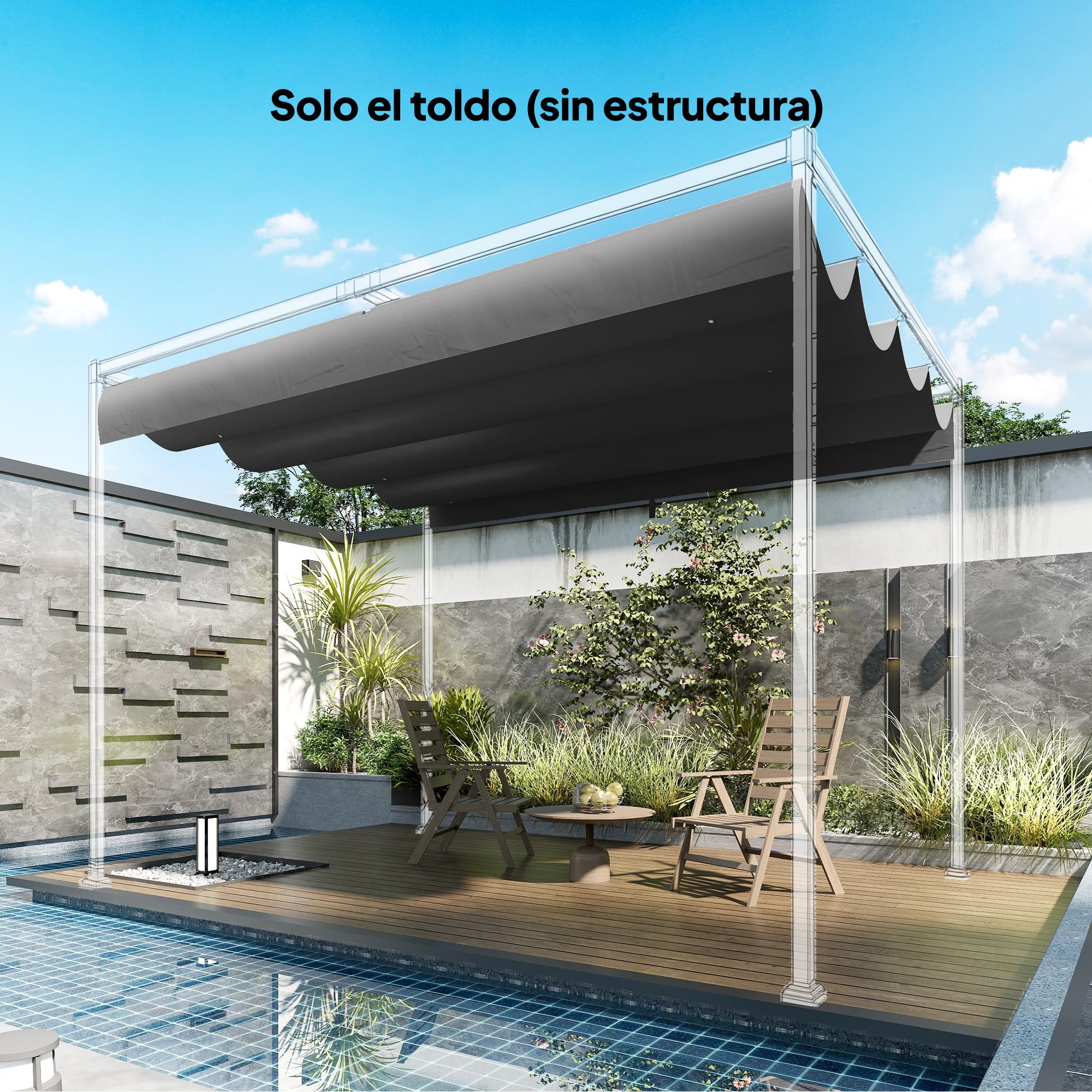 Outsunny Techo de Pérgola 4 x 3,5 m Repuesto Retráctil UV30+ Gris Oscuro | Techo de Repuesto para Marco de Pérgola, UV30+, Toldo de Tela, Solo para Cenador Jardín, con 8 Orificios de Drenaje