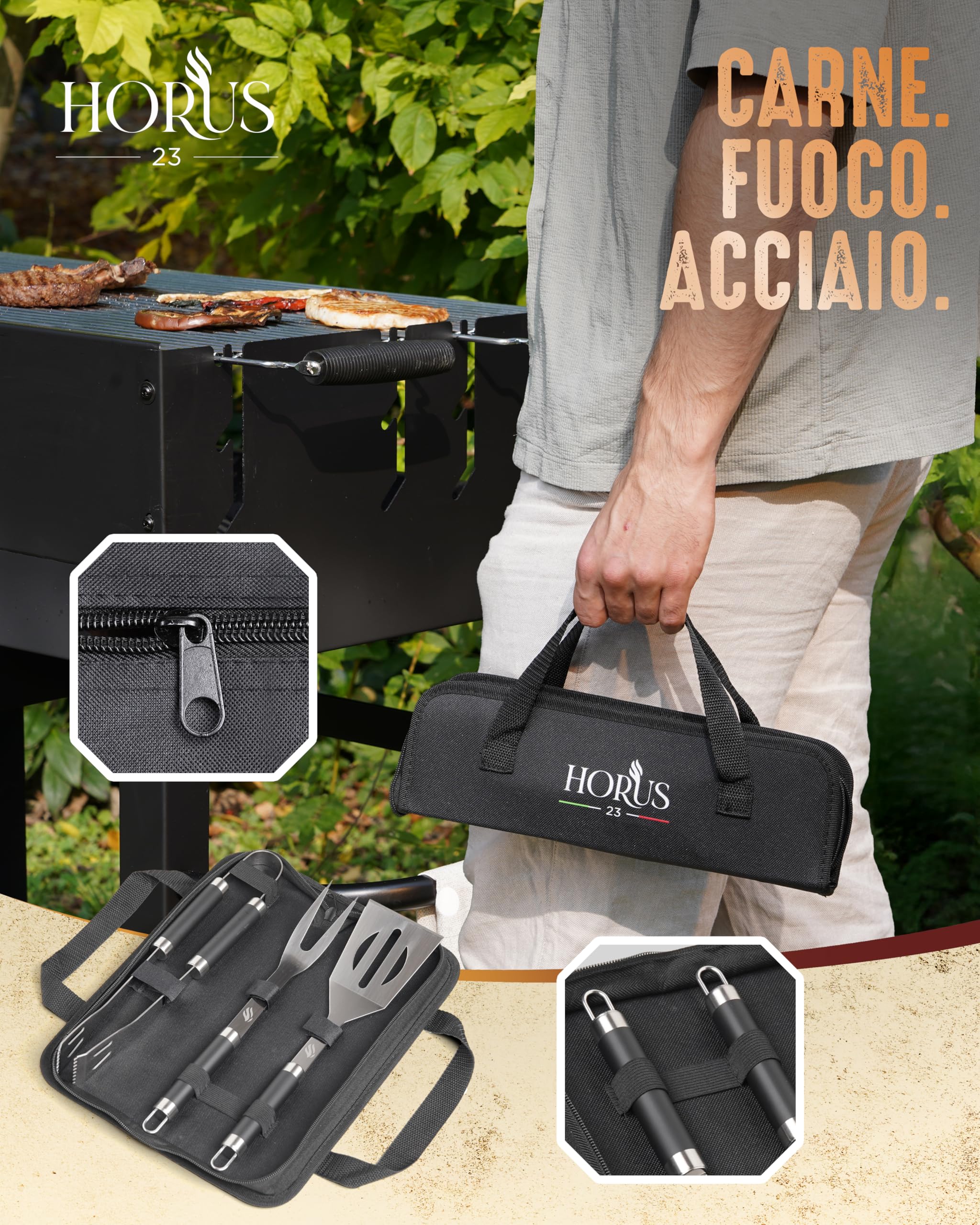 HORUS 23® - Set Accessori Barbecue Professionale con Borsa Porta Attrezzi Barbecue - 4 Accessori BBQ: Pinze, Spatola, Forchettone e Guanto Ignifugo
