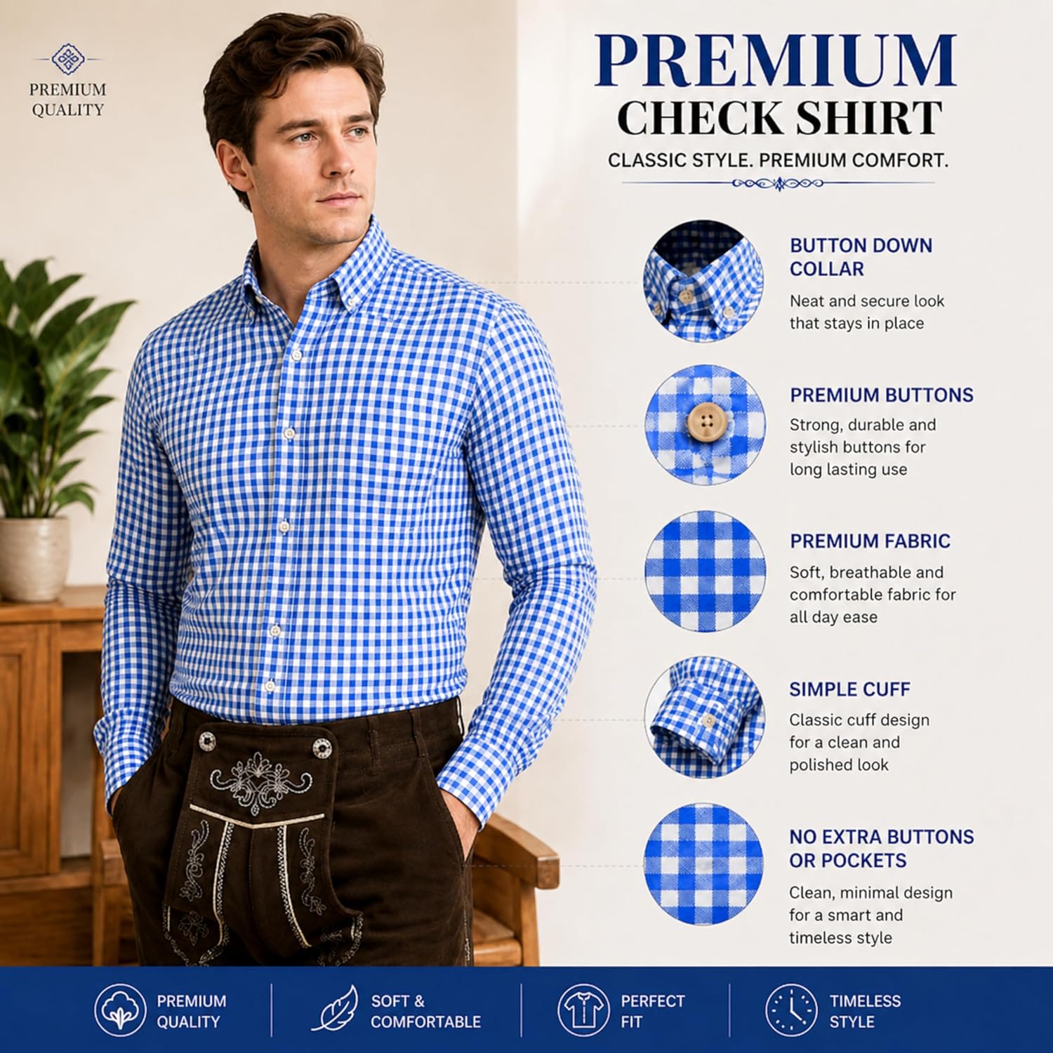 McWilliams Men's Authentic Bavarian Lederhosen Blue - Oktoberfest Shirt