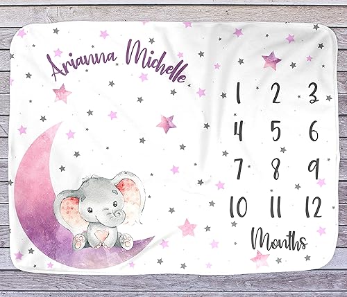 Miniatura 2 de Manta de elefante para niña, manta de crecimiento mensual para primer año, foto personalizada del mes con nombre, Love You to the Moon and Back,