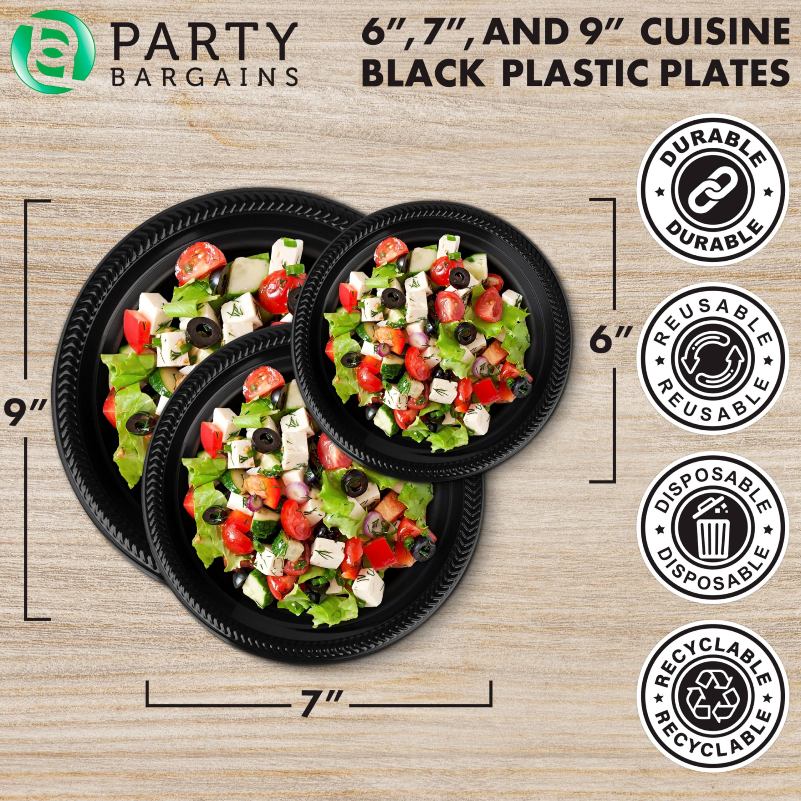 PARTY BARGAINS 9 Inch Disposable Black Plastic Plates (100 Pack) Microwave Safe Dinnerware