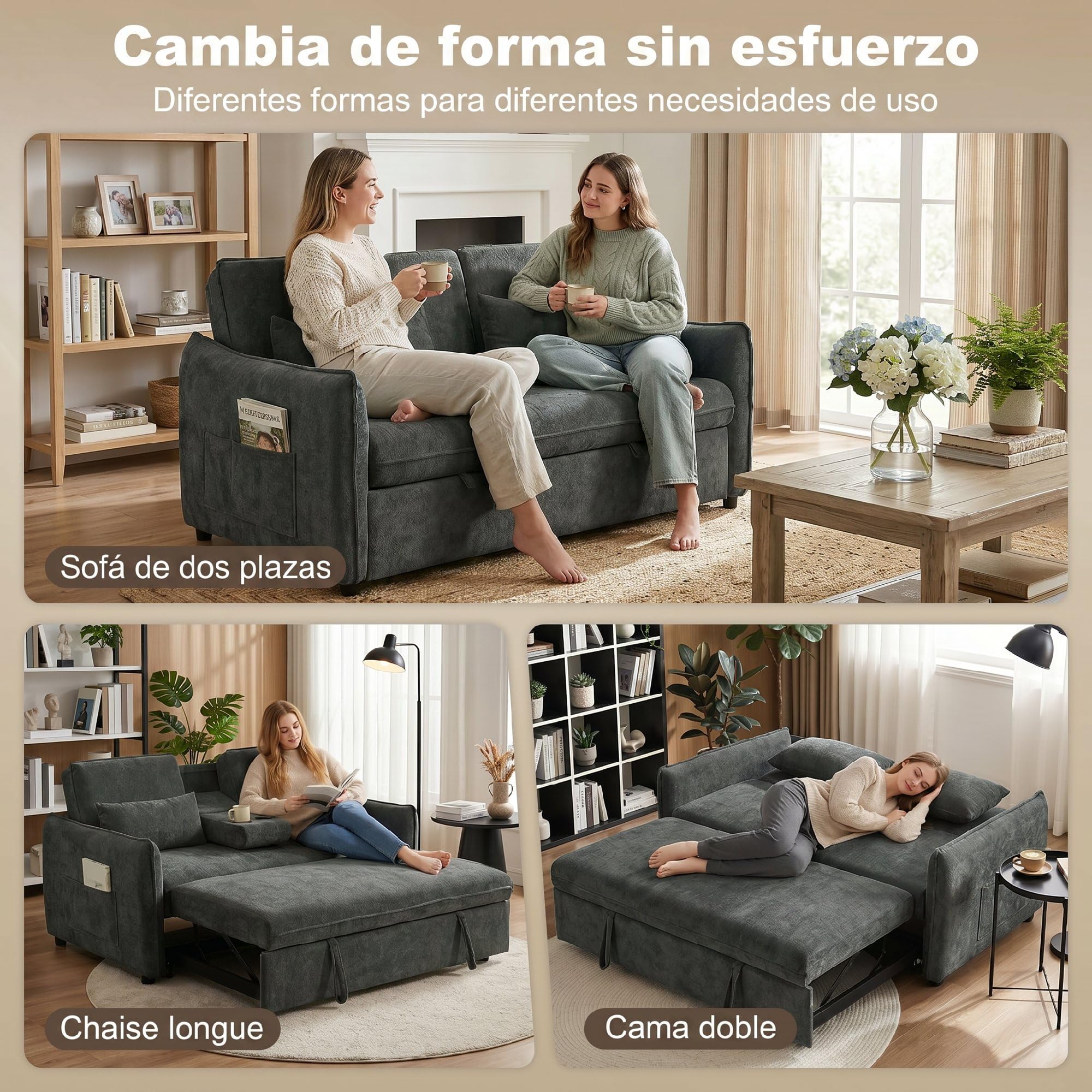 HOMCOM Sofá Cama 2 Plazas 3 en 1, Sofá Cama de Chenilla con Mesa Auxiliar, Portavasos, Respaldo Ajustable, Bolsillos Laterales, 2 Almohadas para Sala de Estar, Espacios Pequeños, Gris Oscuro